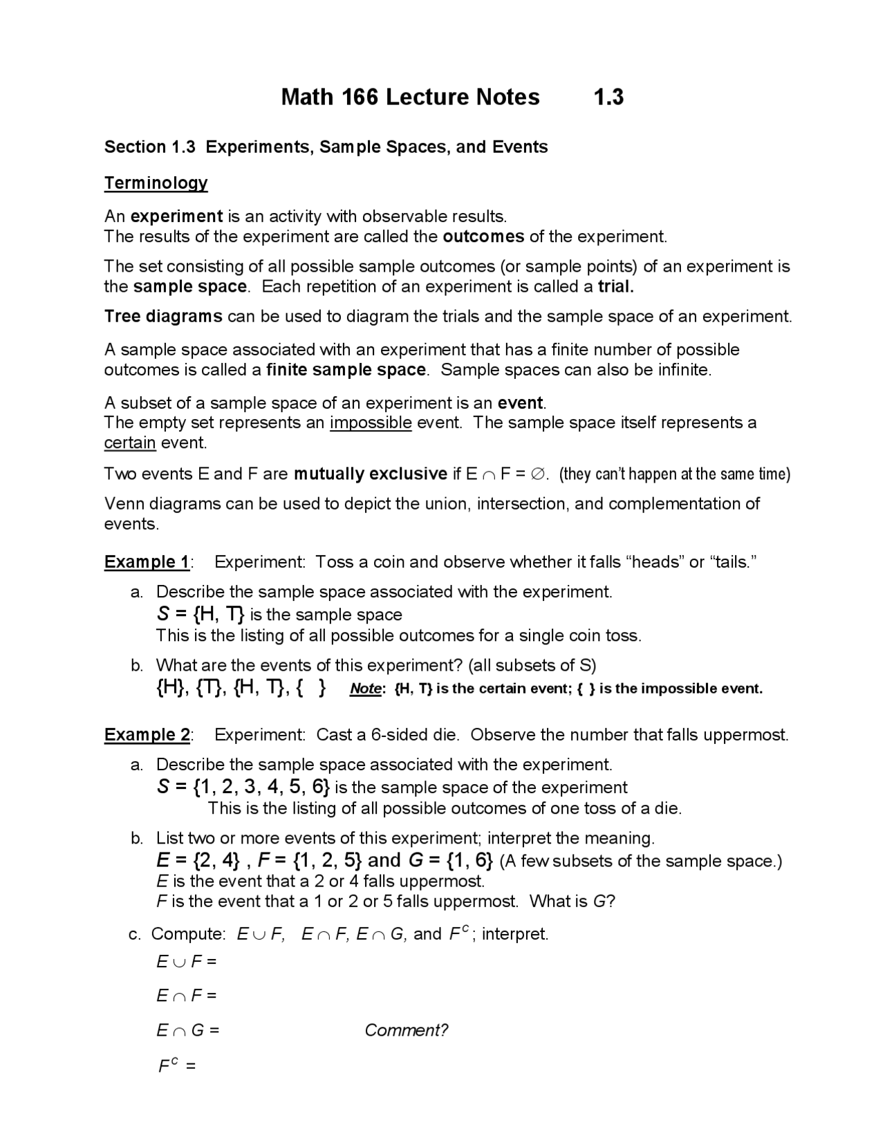 Experiment Sample Math Experiment, Sample Spaces and Events in Terminology | MATH 166 | Study ...