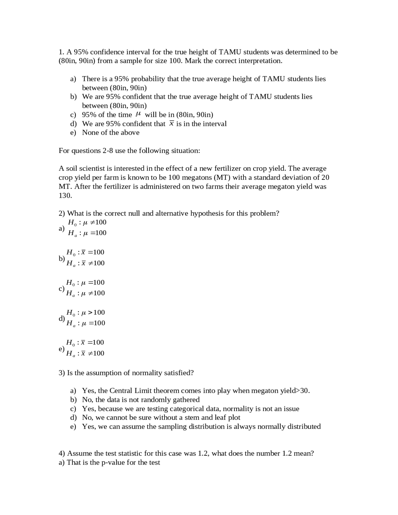 20 Multiple Choice Questions with Answer Key Introduction to Biometry