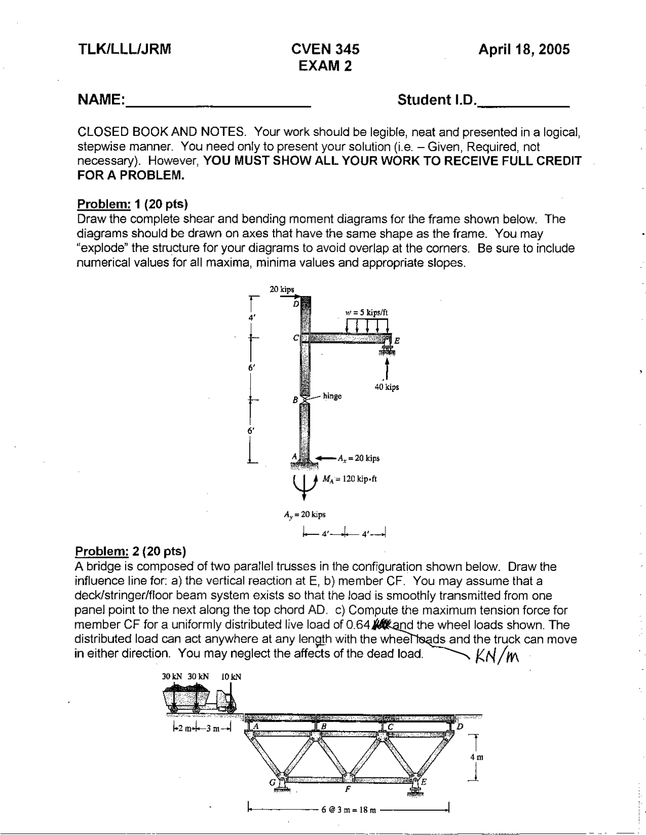 Exam 2 for Final Practice Theory of Structures CVEN 345 Docsity