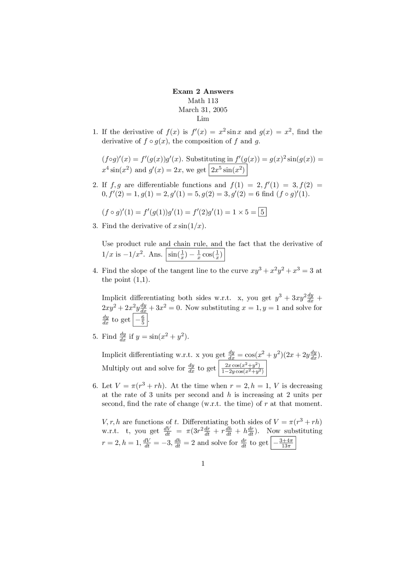 23 Solved Problems On Differentiable Functions Test 2 Math 113 Docsity