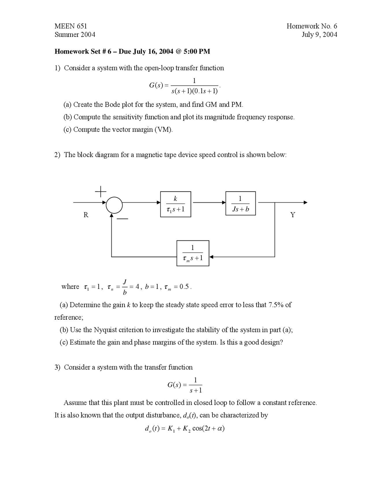 Homework Set 6 | Control System Design | MEEN 651 - Docsity