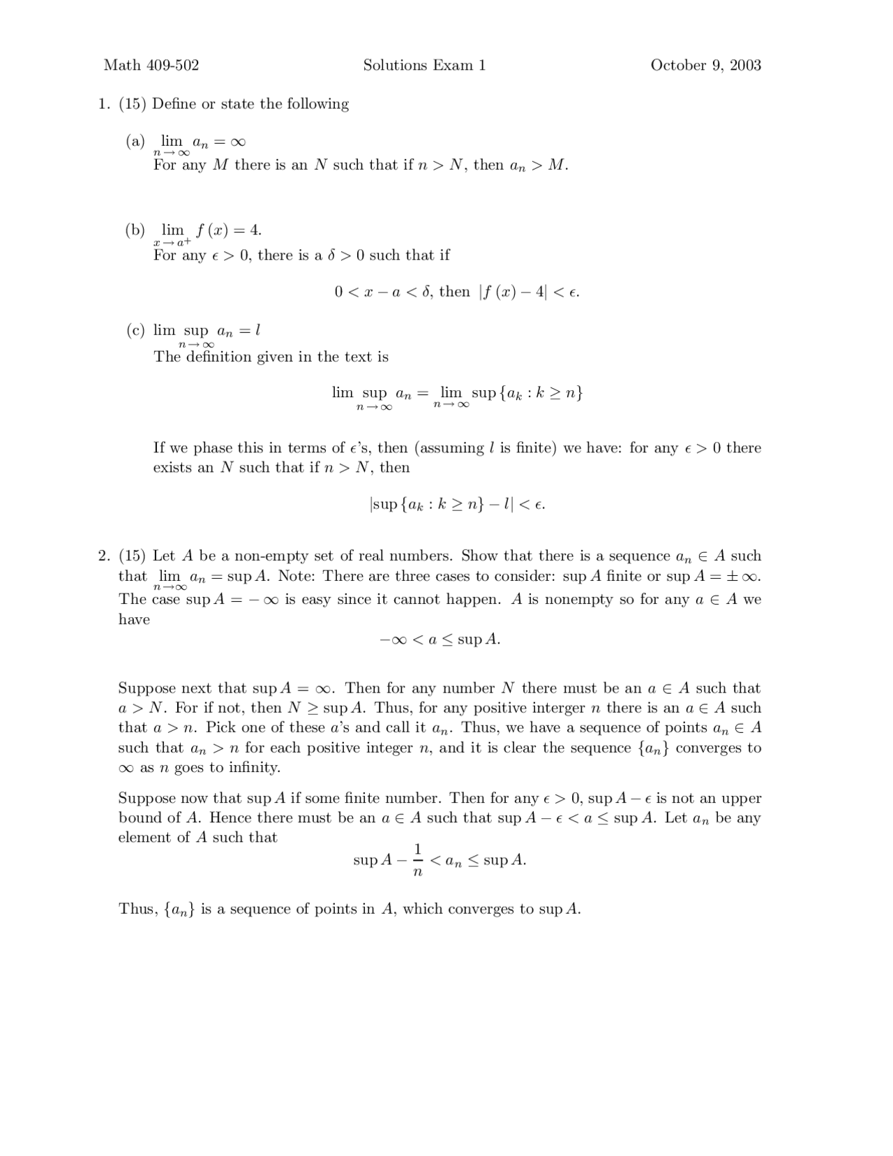 Solutions for Exam 1 | Advanced Calculus I | MATH 409 - Docsity