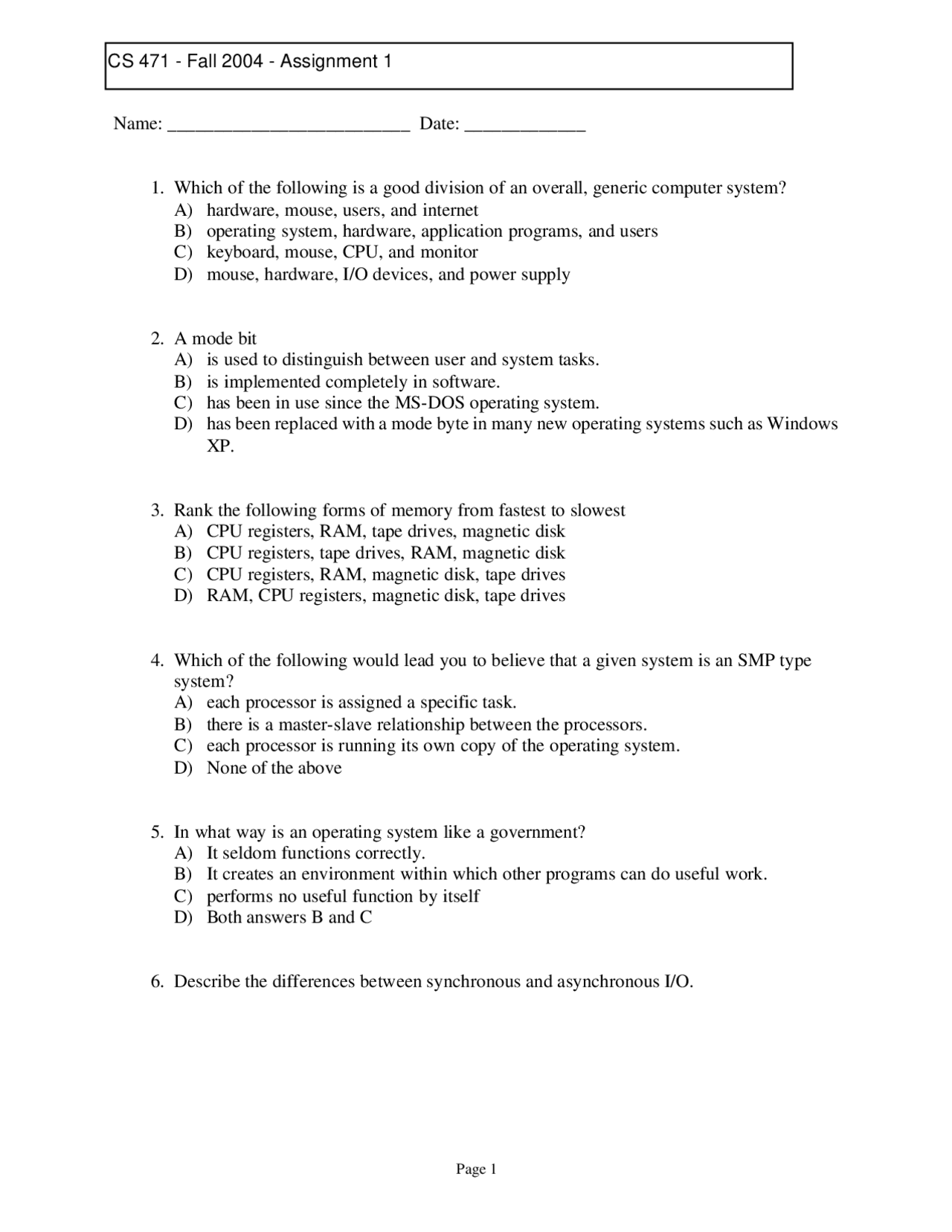 20 Multiple Choice Questions on Operating Systems - Assignment 1 | CS ...