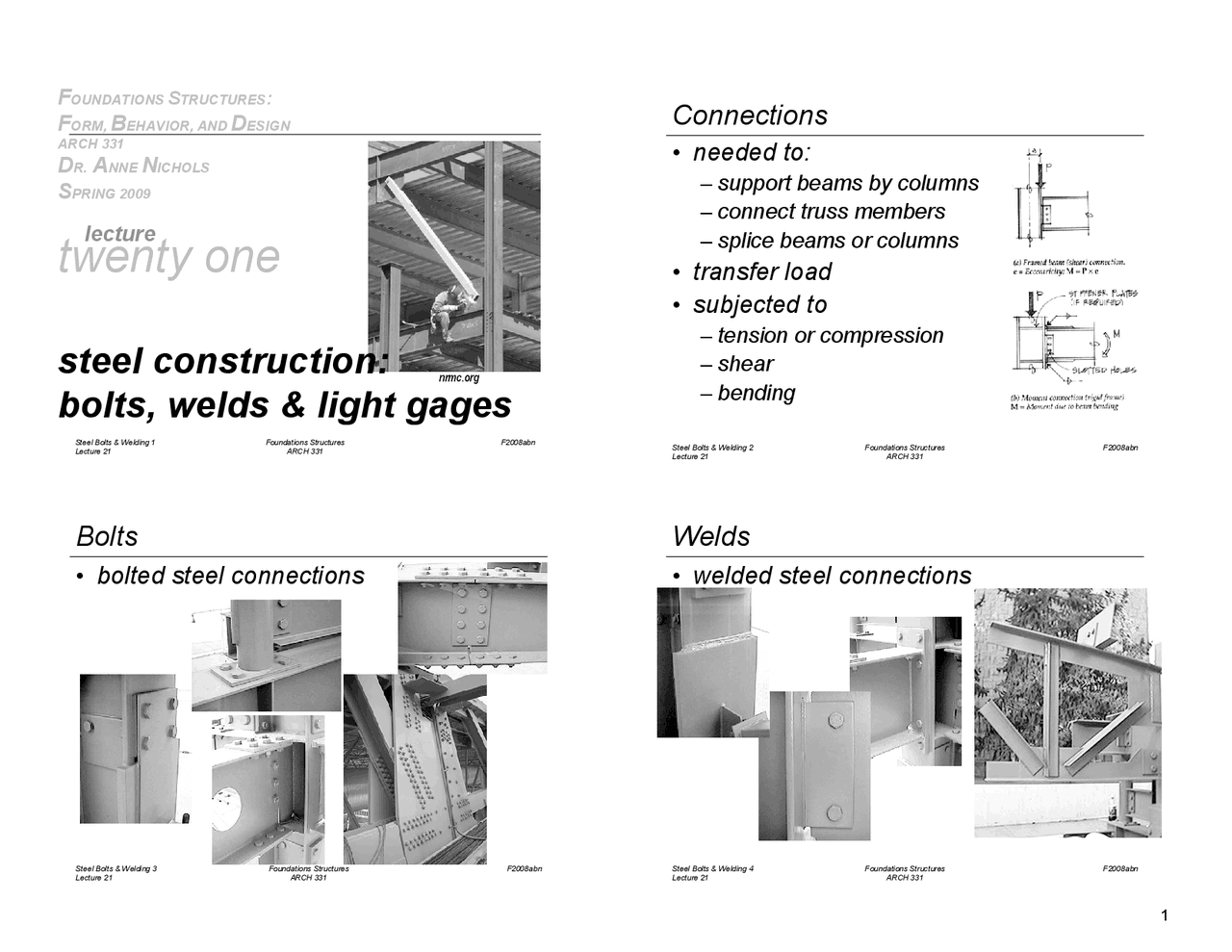 Steel Construction Bolts, Welds and Light Gages ARCH 331 Docsity