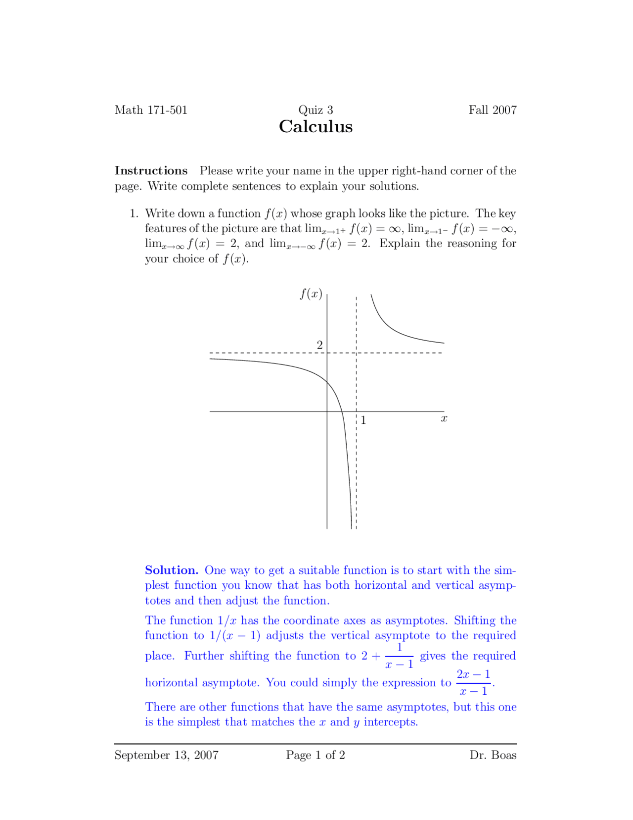 Math 171-501 Calc Fall 2007: Quiz 3 Solutions - Asymptotes & Limits ...