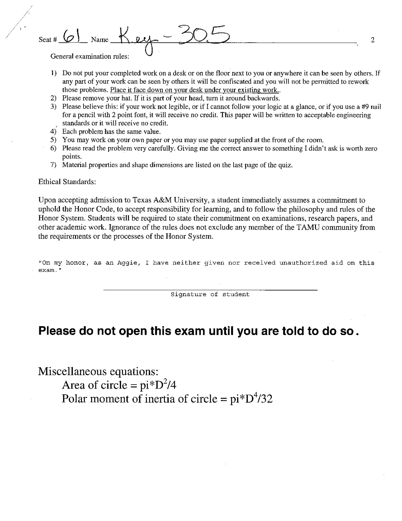 Exam with Solved Problems - Mechanics of Materials | CVEN 305 - Docsity