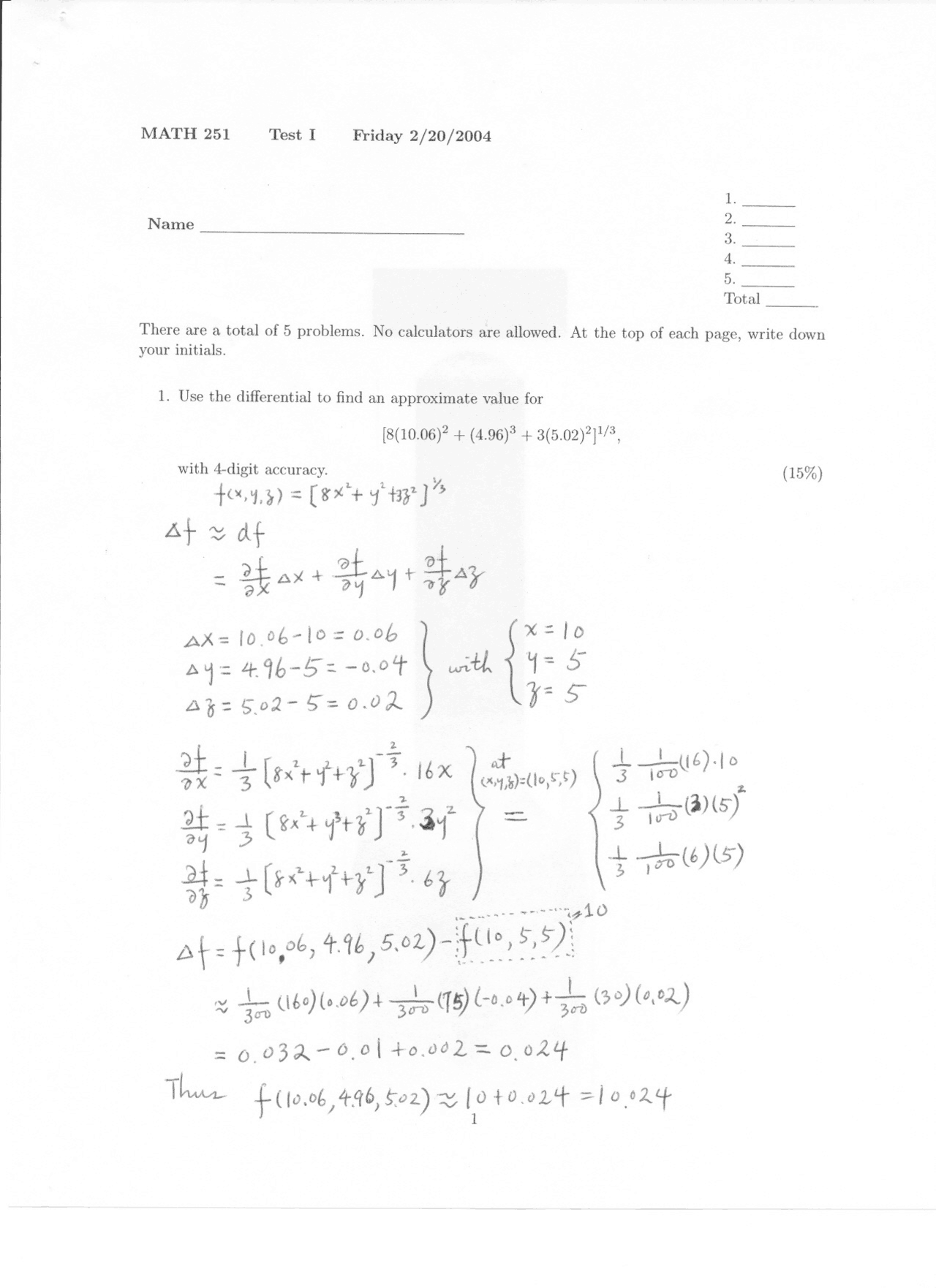 Engineering I Math Questions 5 Questions with Solution - Engineering Math I - Exam 1 | MATH 251 ...