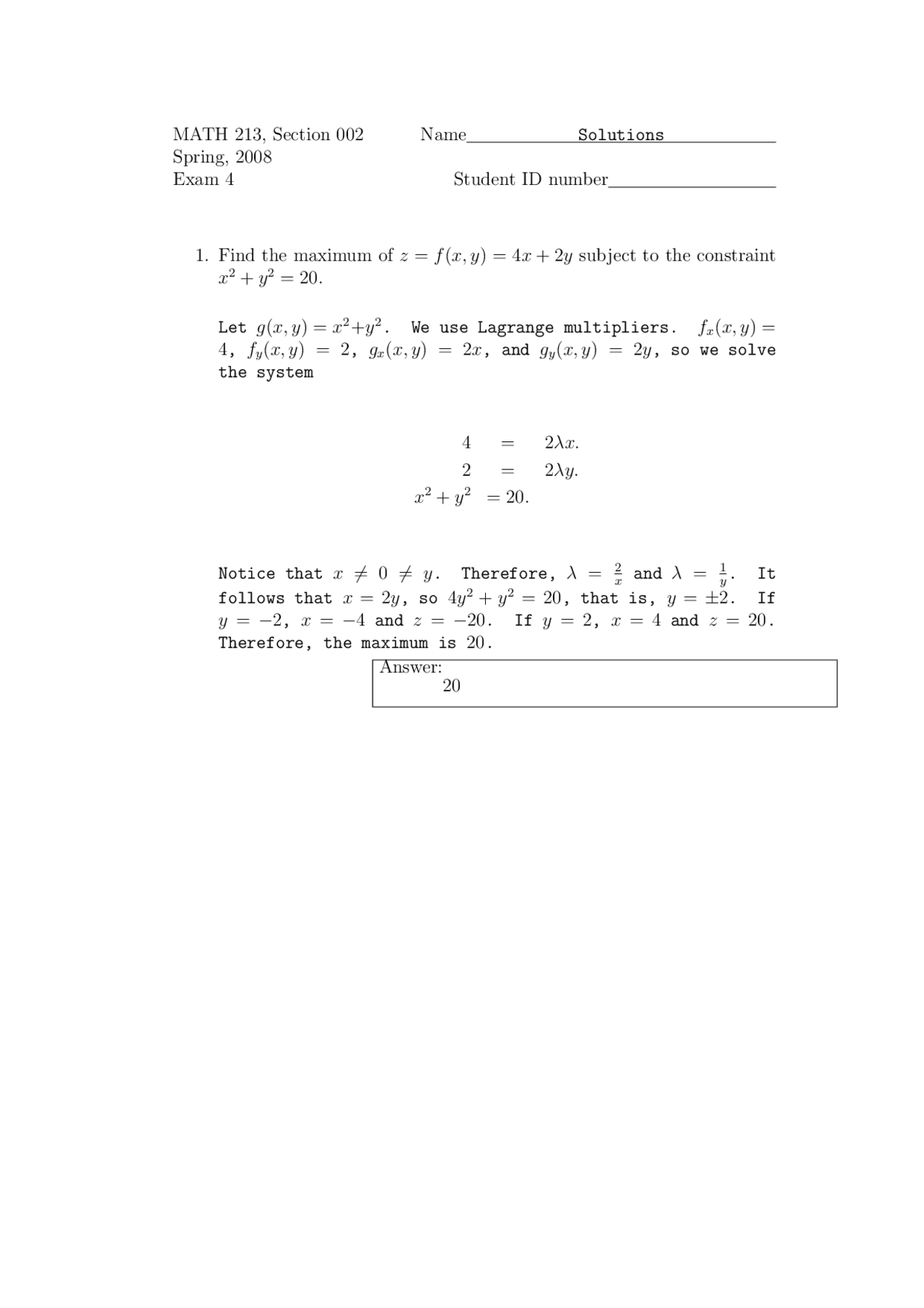 9 Solved Problems on the Mathematics - Exam 4 | MATH 213 - Docsity