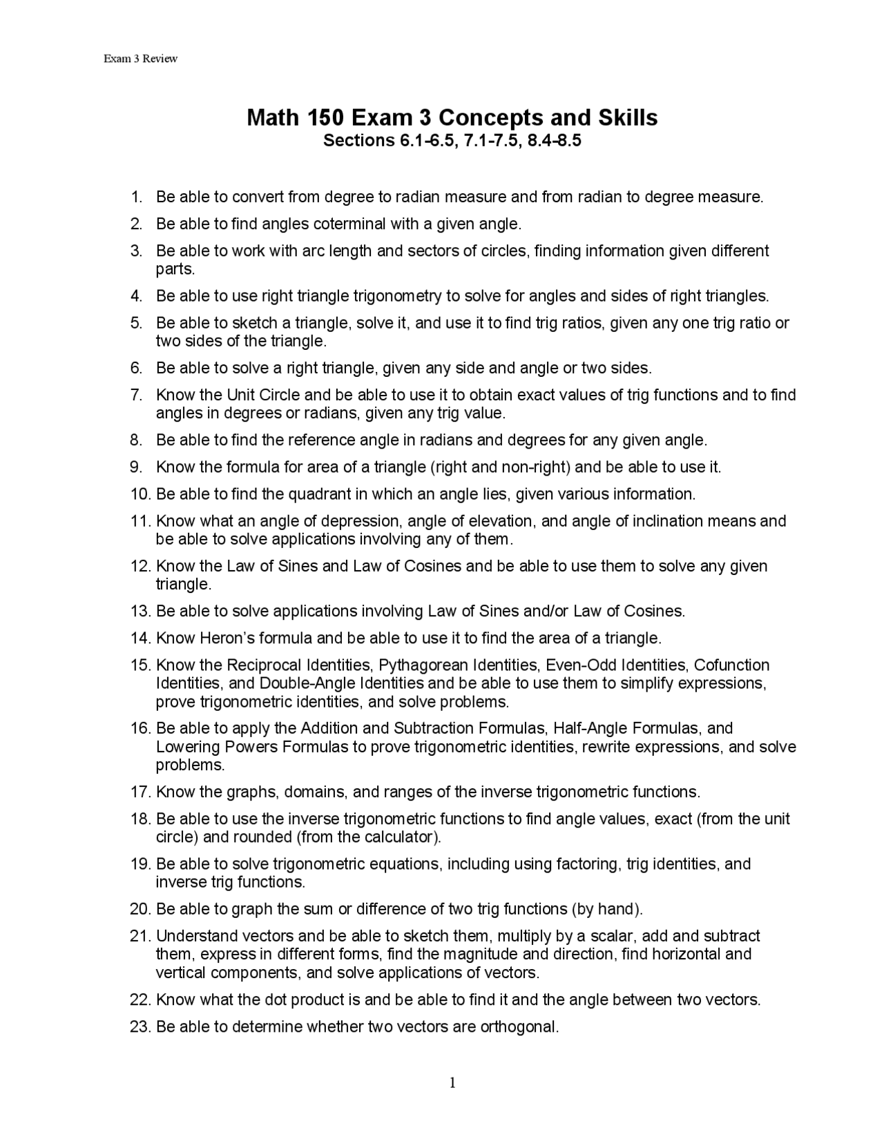 Exam 3 Concepts and Skills | Functions, Trigonometry and Linear Systems ...