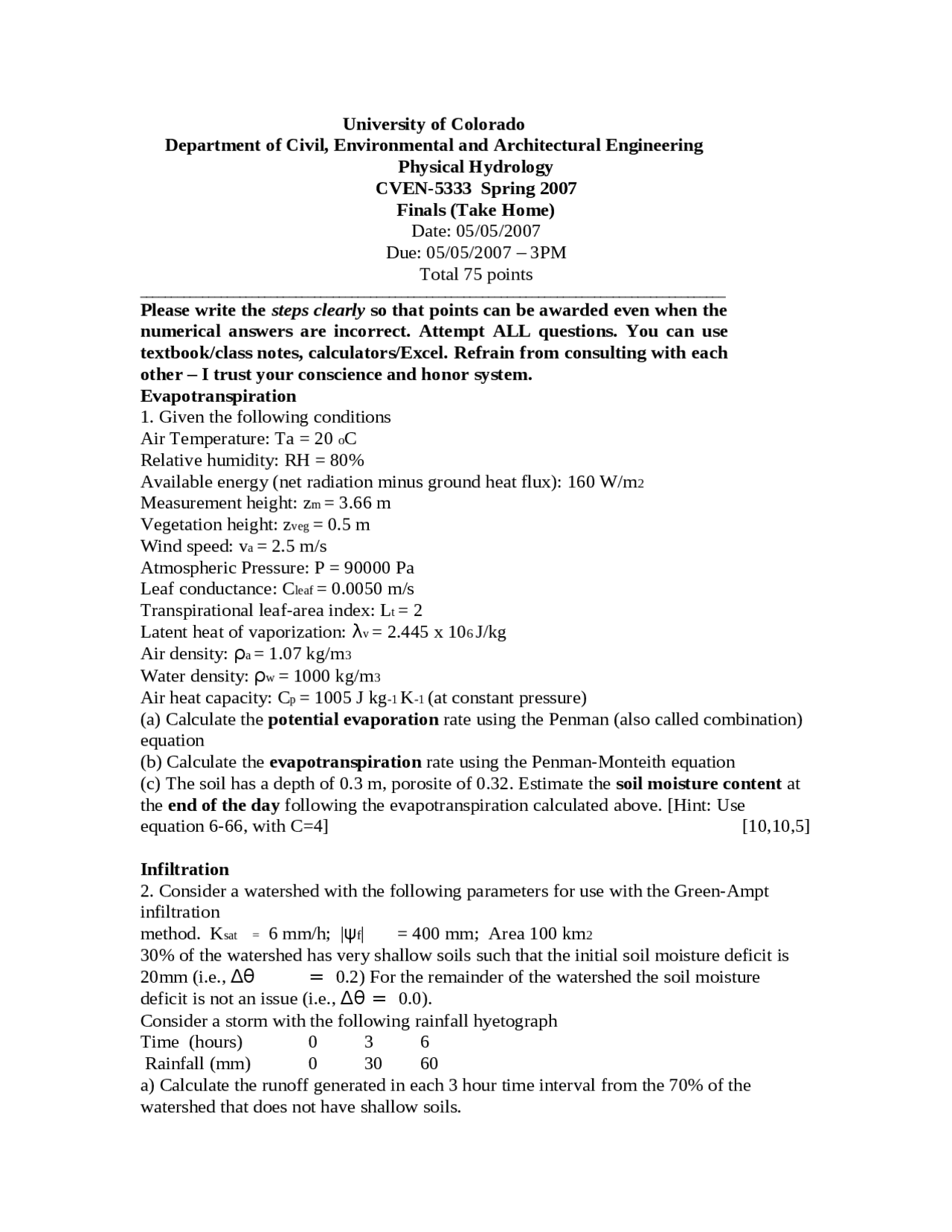 Take Home Final Paper - Multiscale Hydrology | CVEN 5333 - Docsity