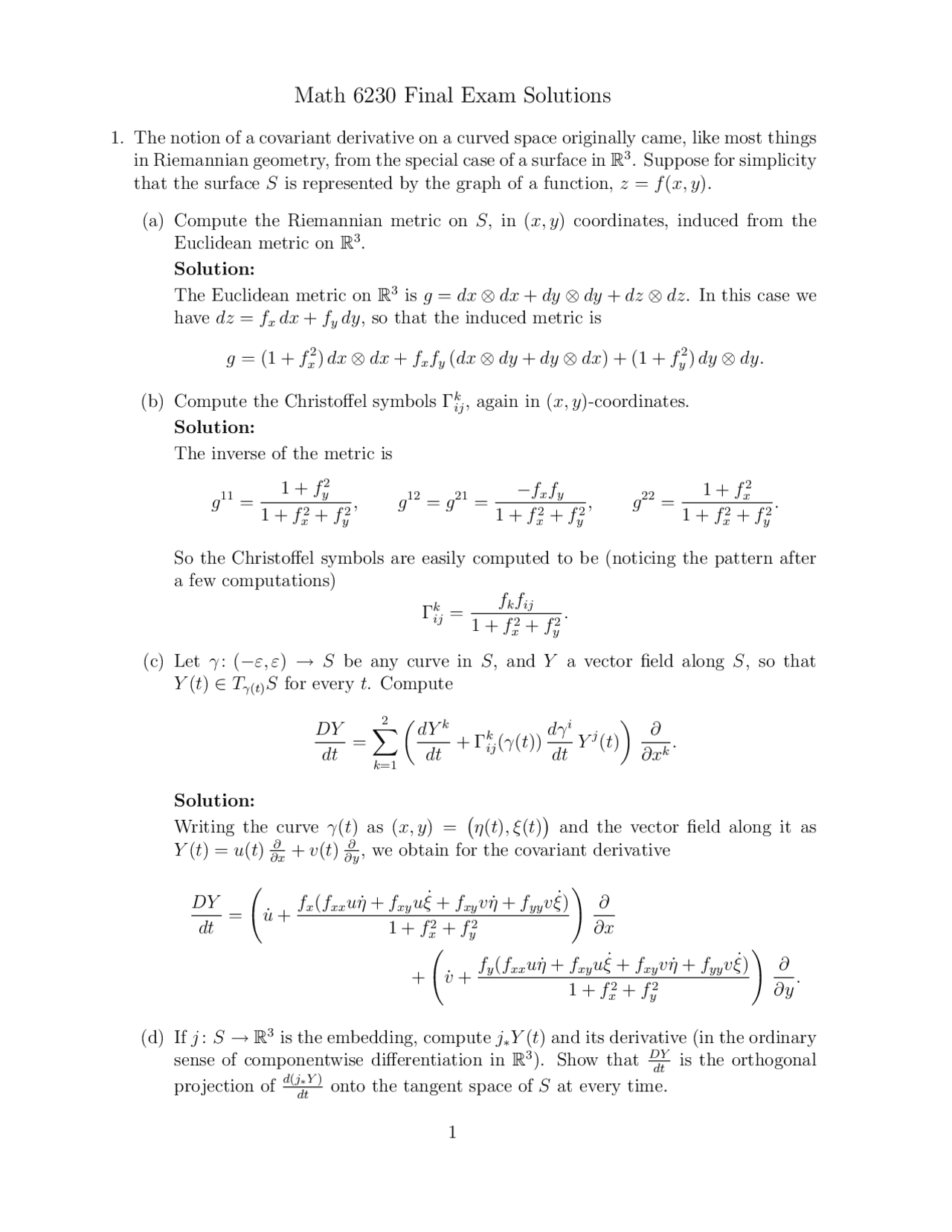 Final Exam Solutions - Introduction to Differential Geometry 1 | MATH ...