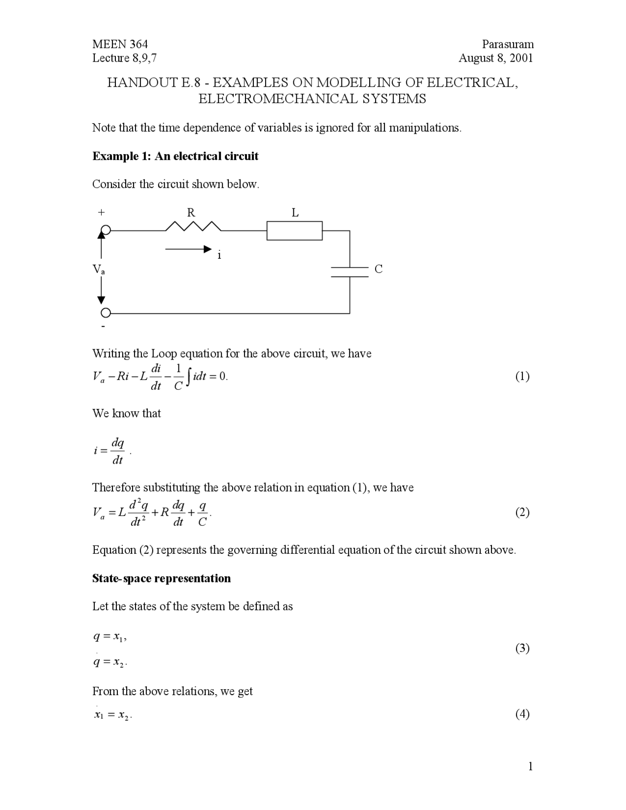 Examples on Modeling of Electrical, Electromechanical Systems | MEEN ...