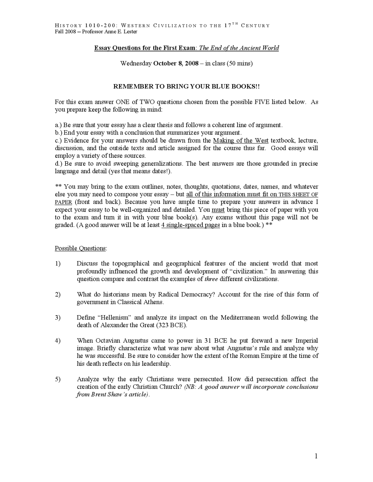 Exam 1 Questions - Western Civilization 1: From Antiquity to the 16th ...