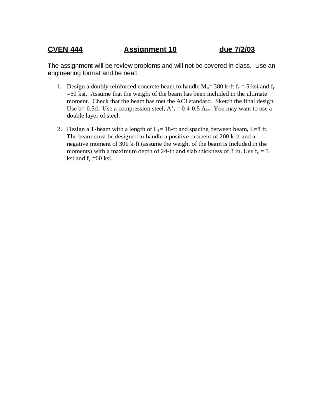 Cvan Section Assignment CVEN 444 Assignment 10: Designing Concrete Beams | Assignments Civil ...