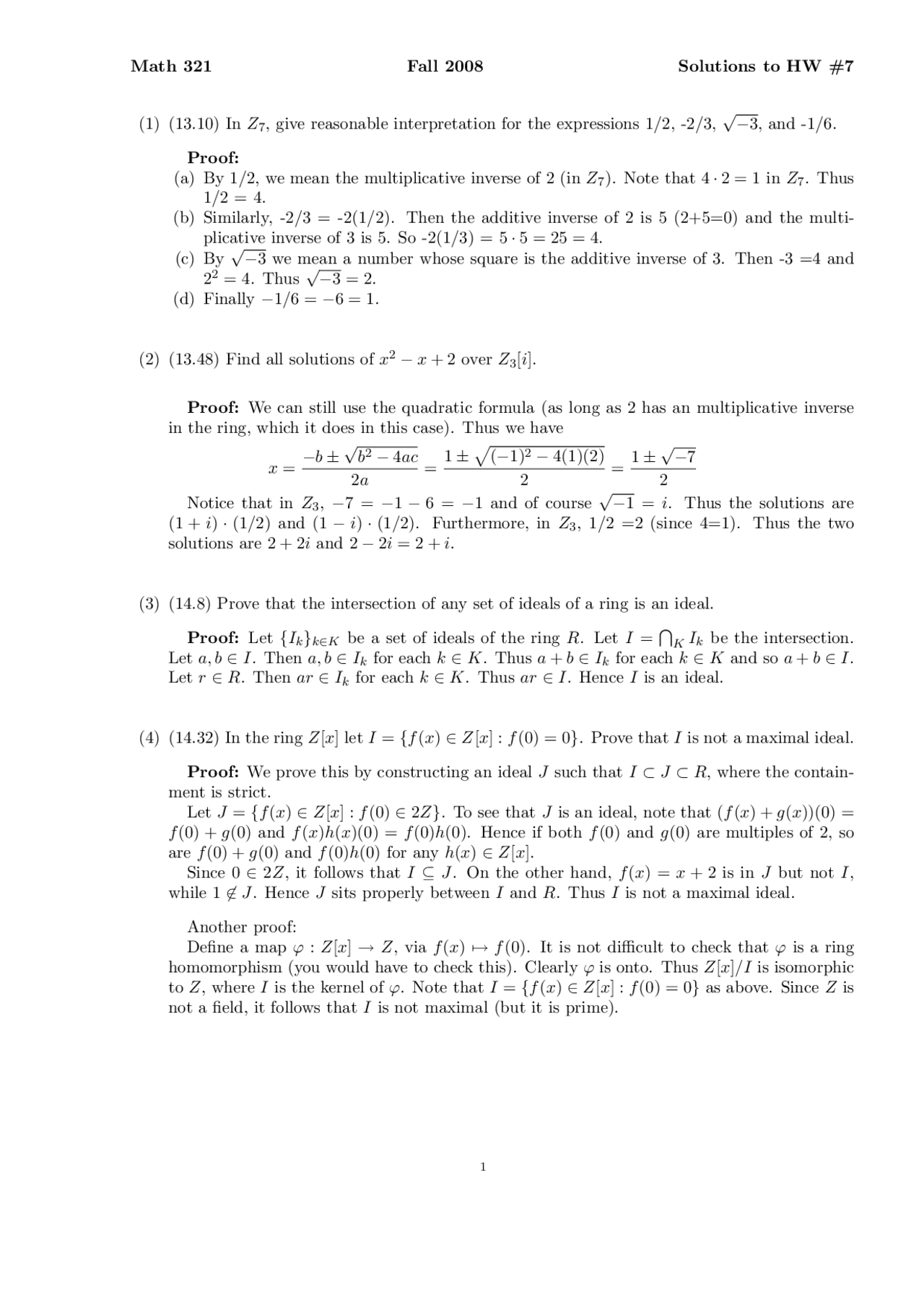 4 Problems on the Abstract Algebra - Assignment 7 | MATH 321 - Docsity