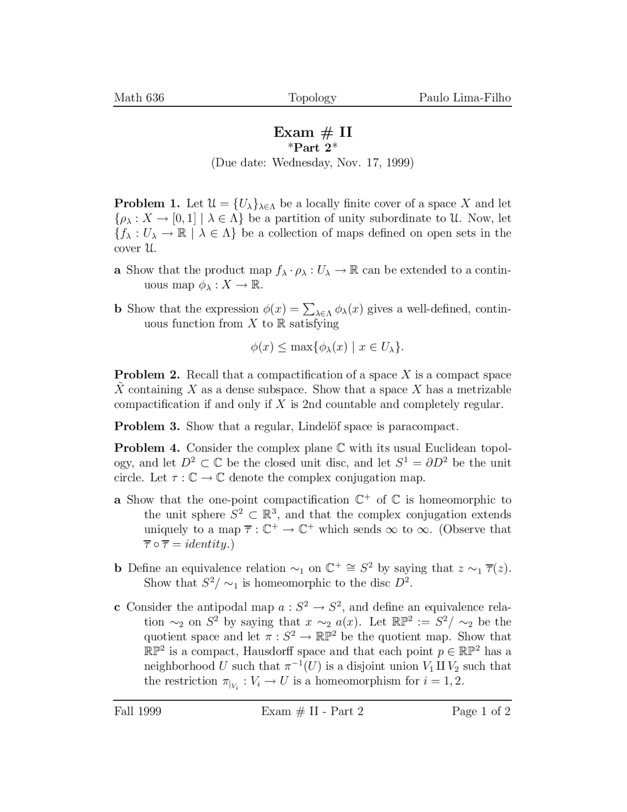 5 Problems on Topology I - Examination 2 - Fall 1999 | MATH 636 - Docsity
