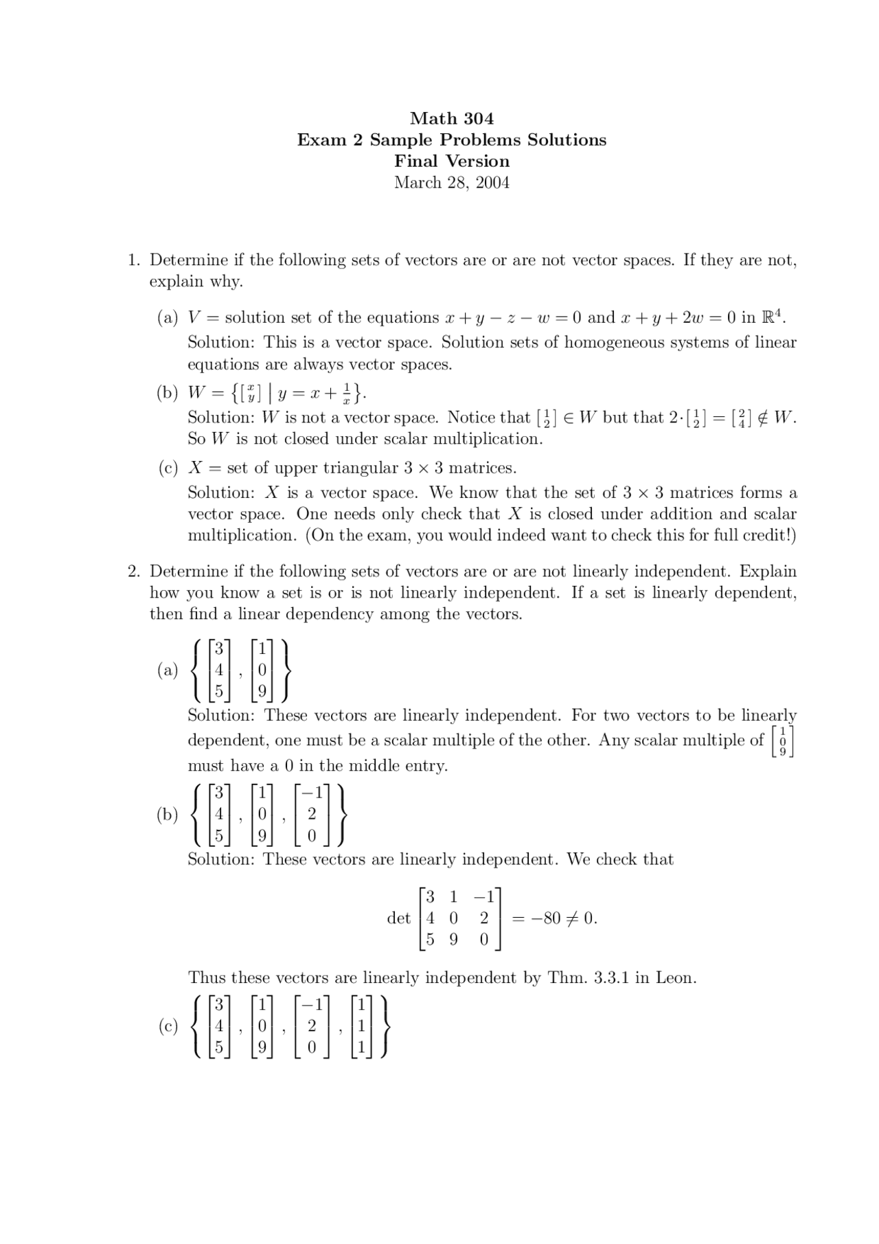 Linear Algebra Math Problems Exam 2 Sample Problems with Solutions - Linear Algebra | MATH 304 - Docsity