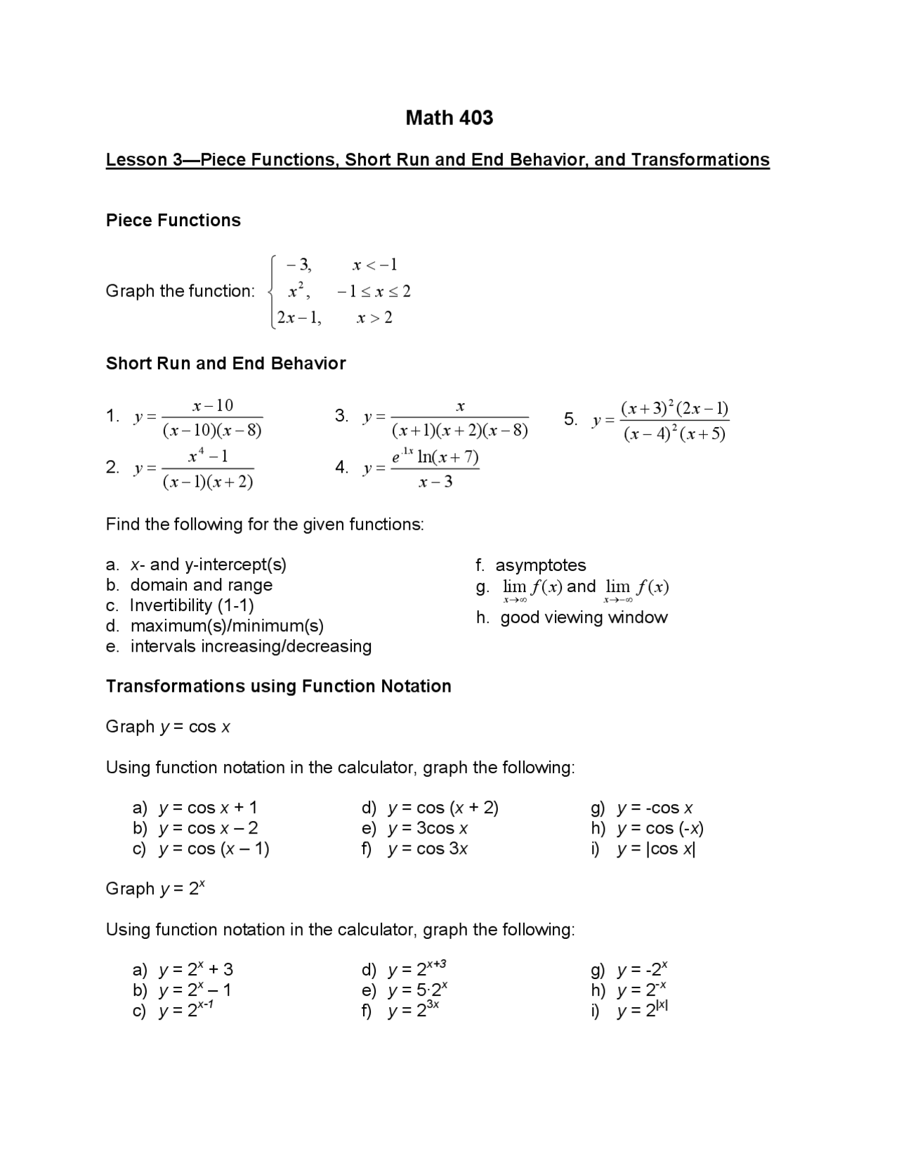 Notes on Piece Functions, Short-run and End Behavior | MATH 403 | Study ...