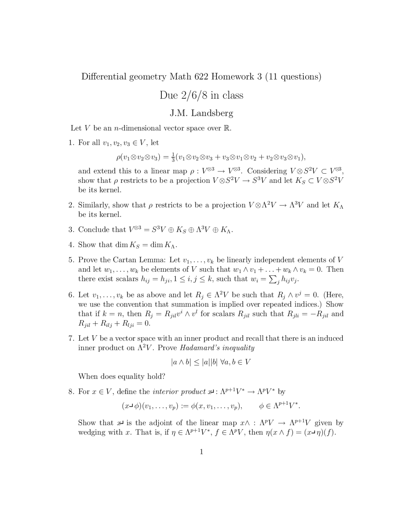 Differential Geometry Homework 3: Projections and Subspaces in Tensor ...