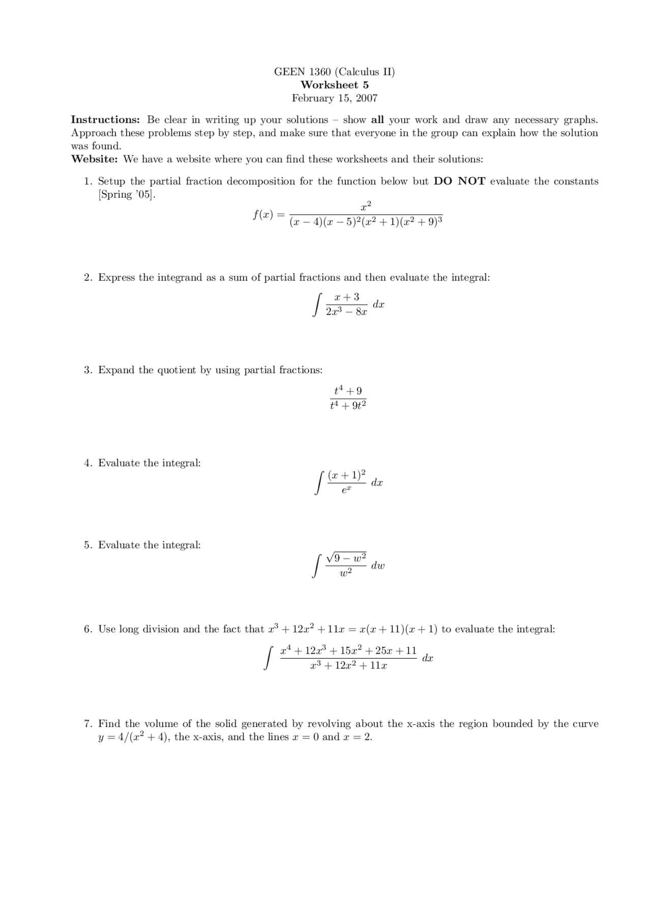 Calculus II Worksheet 5 - Partial Fractions and Integration ...