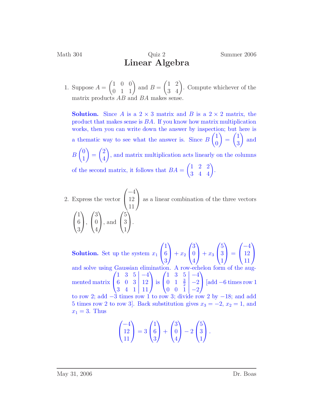 Linear Algebra - 2 Problems with Answers - Quiz 2 - Lecture Notes ...