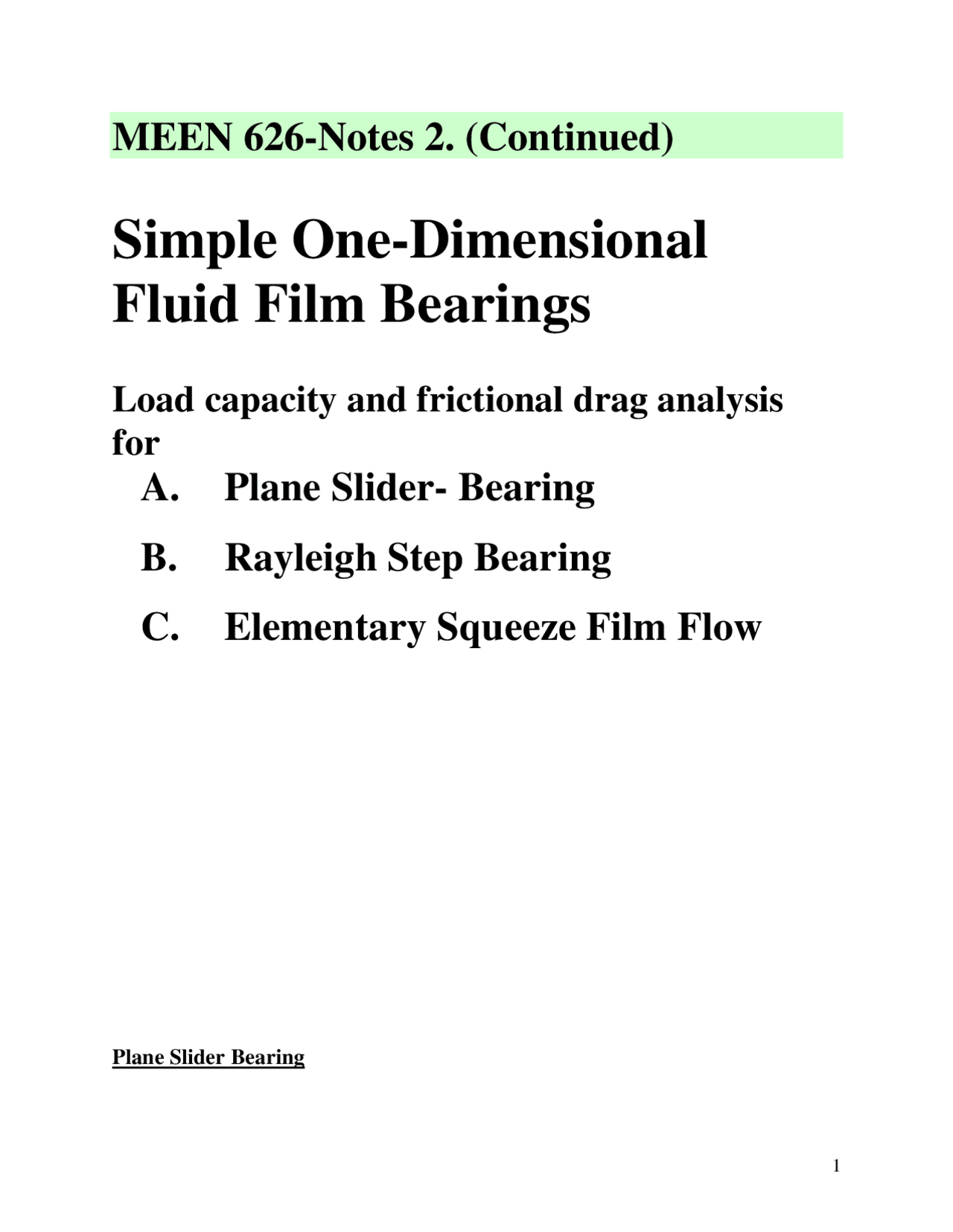 Simple oneDimensional Fluid Film Bearings Lubrication Theory MEEN
