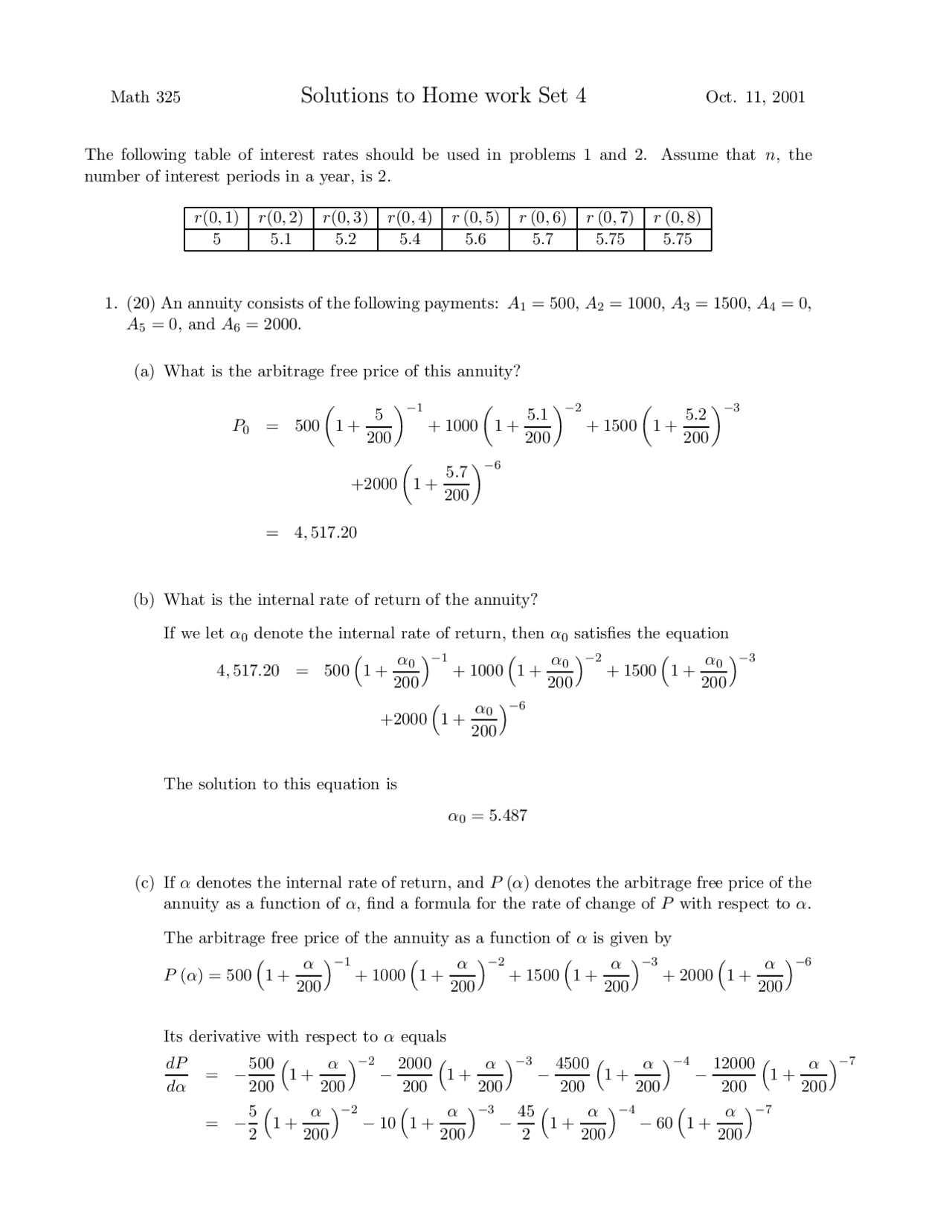 Solutions to Homework Set 4 | Mathematics of Interest | MATH 325 - Docsity