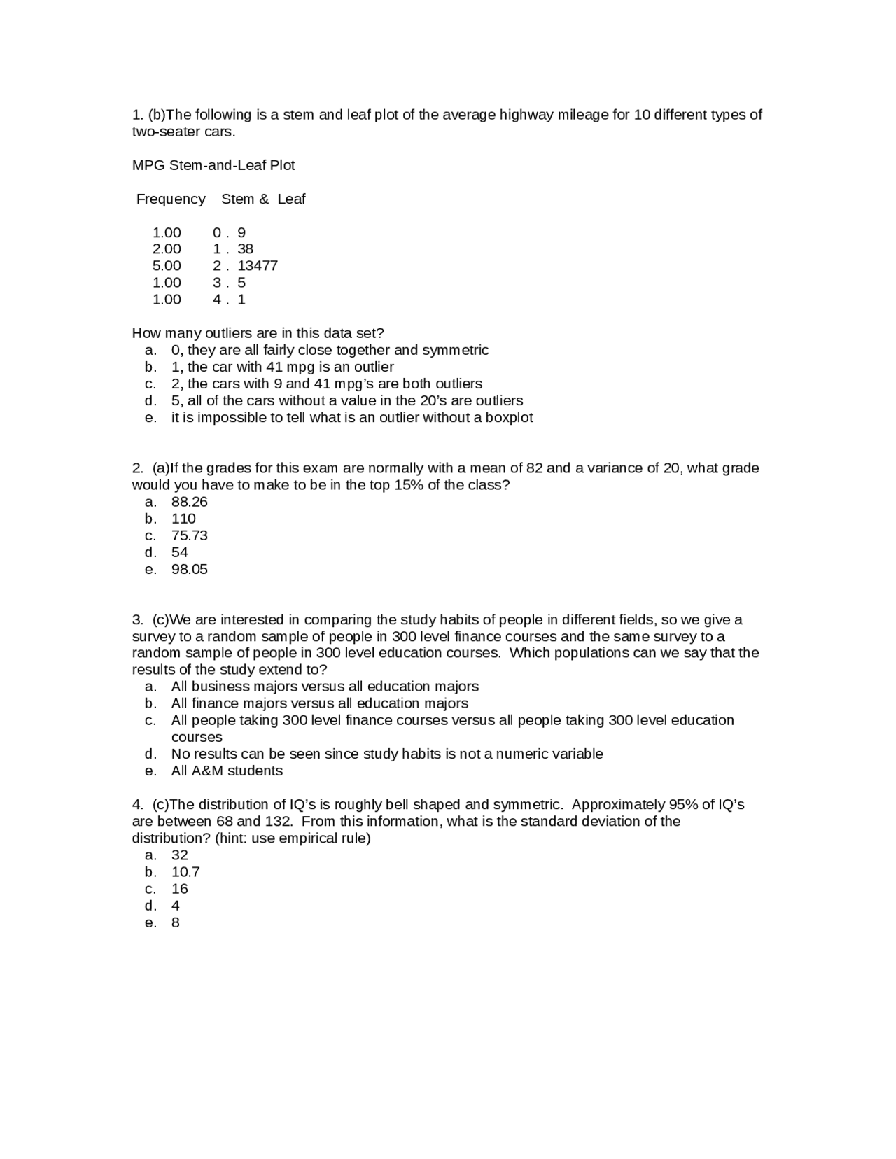 Quiz with Multiple Choice Questions Statistical Methods STAT 303