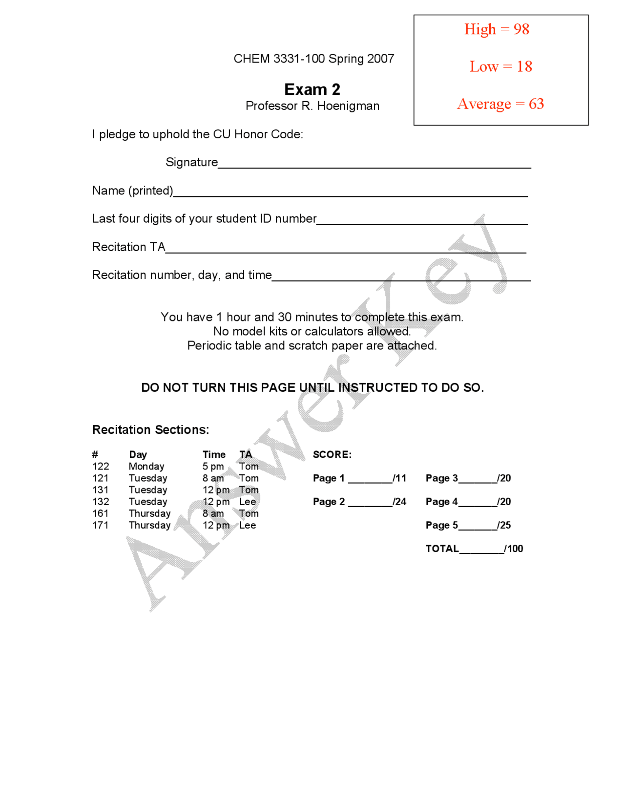 Exam II with Answer Key - Organic Chemistry II | CHEM 3331 - Docsity