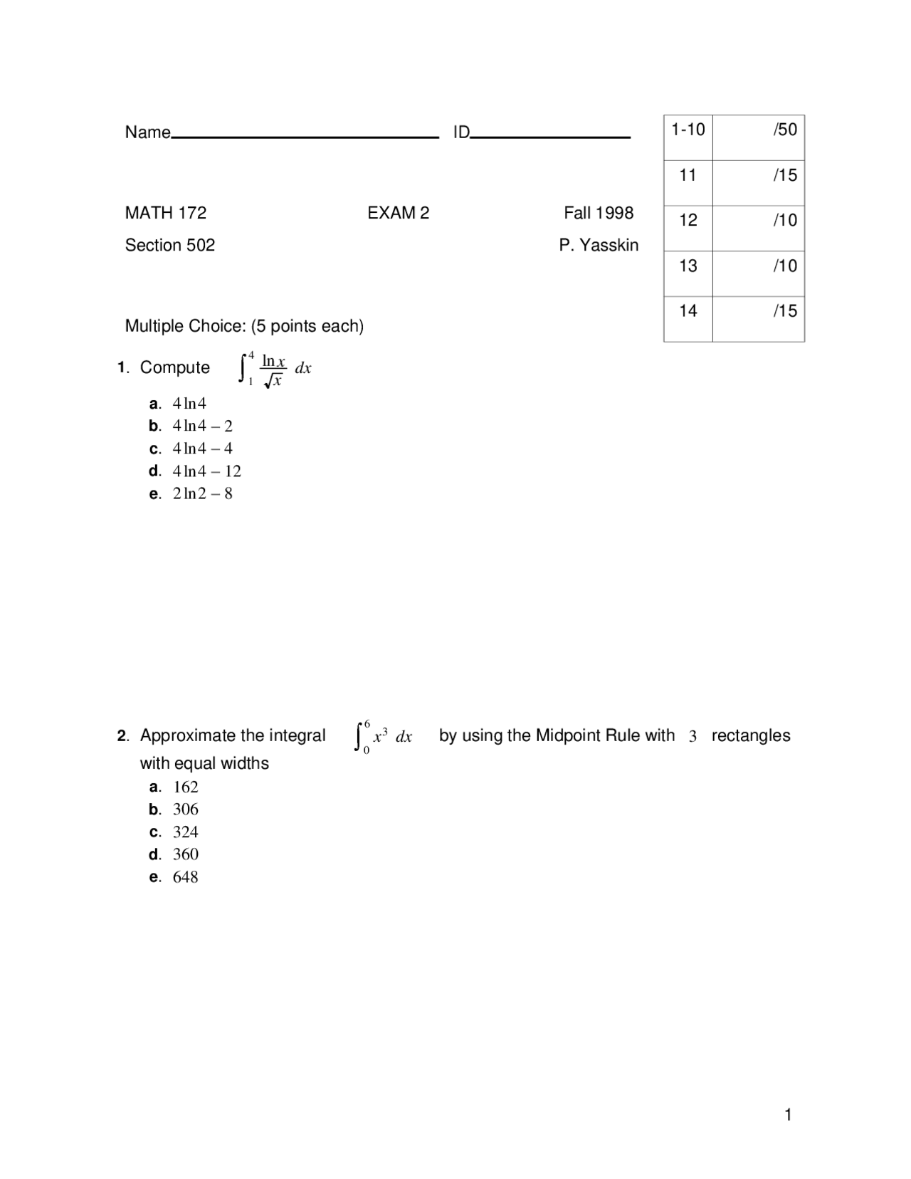 MATH 172 Exam 2, Fall 1998, Section 502: Multiple Choice Questions ...