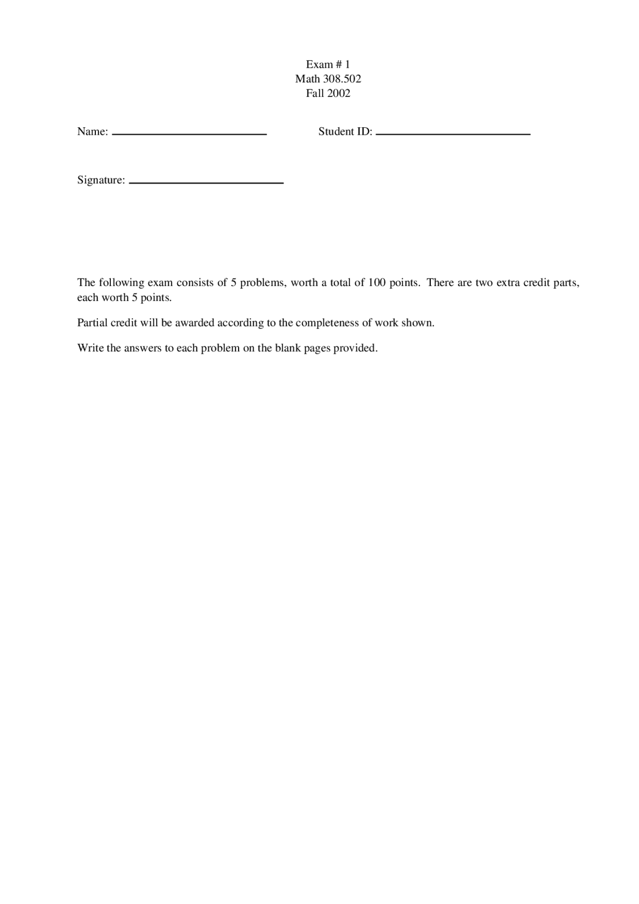5 Problems: Exam 1 in Fall 2002 | MATH 308 | Exams Differential ...