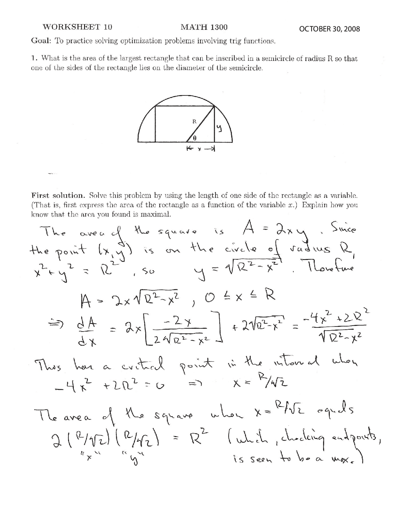 Analytic Geometry and Calculus 1 - Worksheet 10 with Solutions | MATH ...