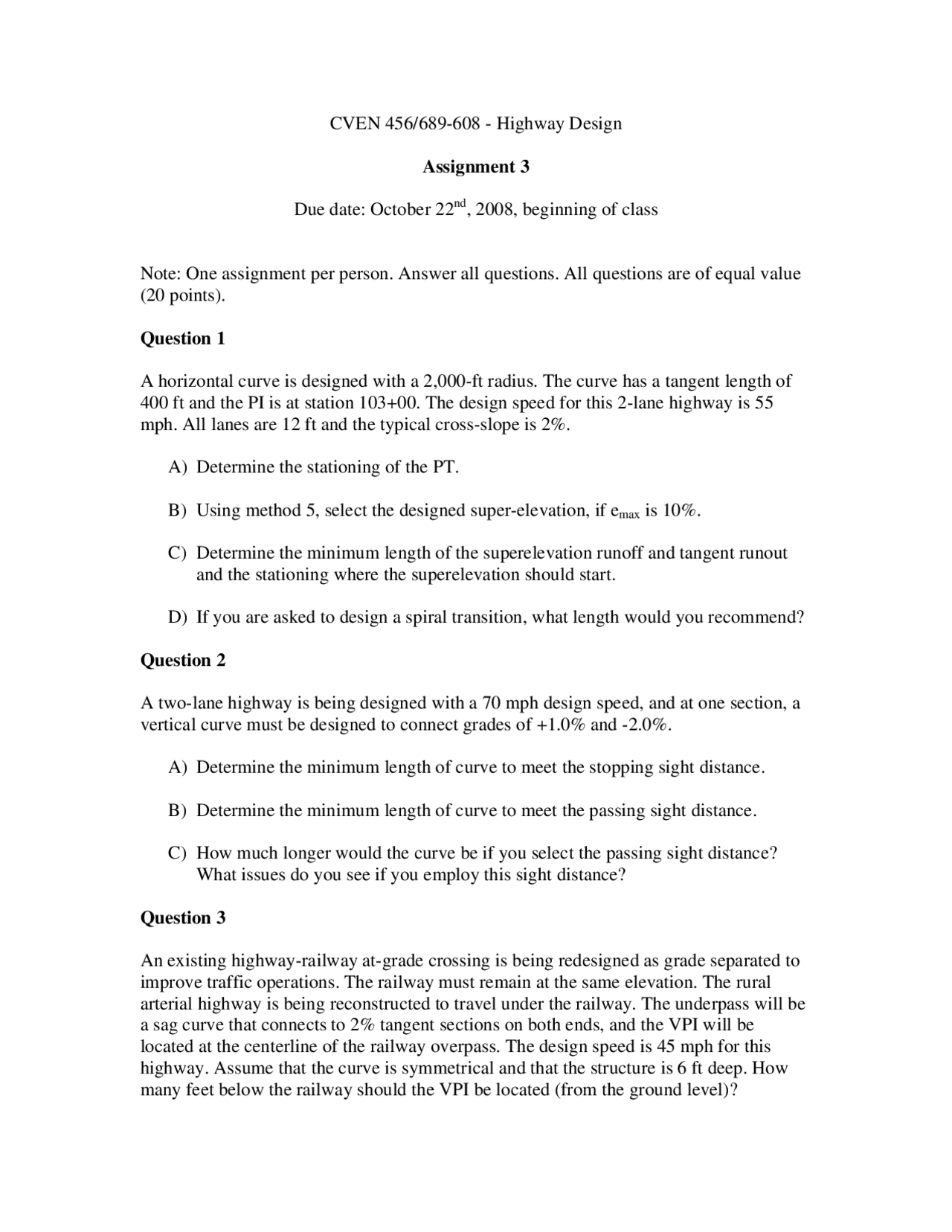 4 Questions of Highway Design - Assignment 3 | CVEN 456 - Docsity
