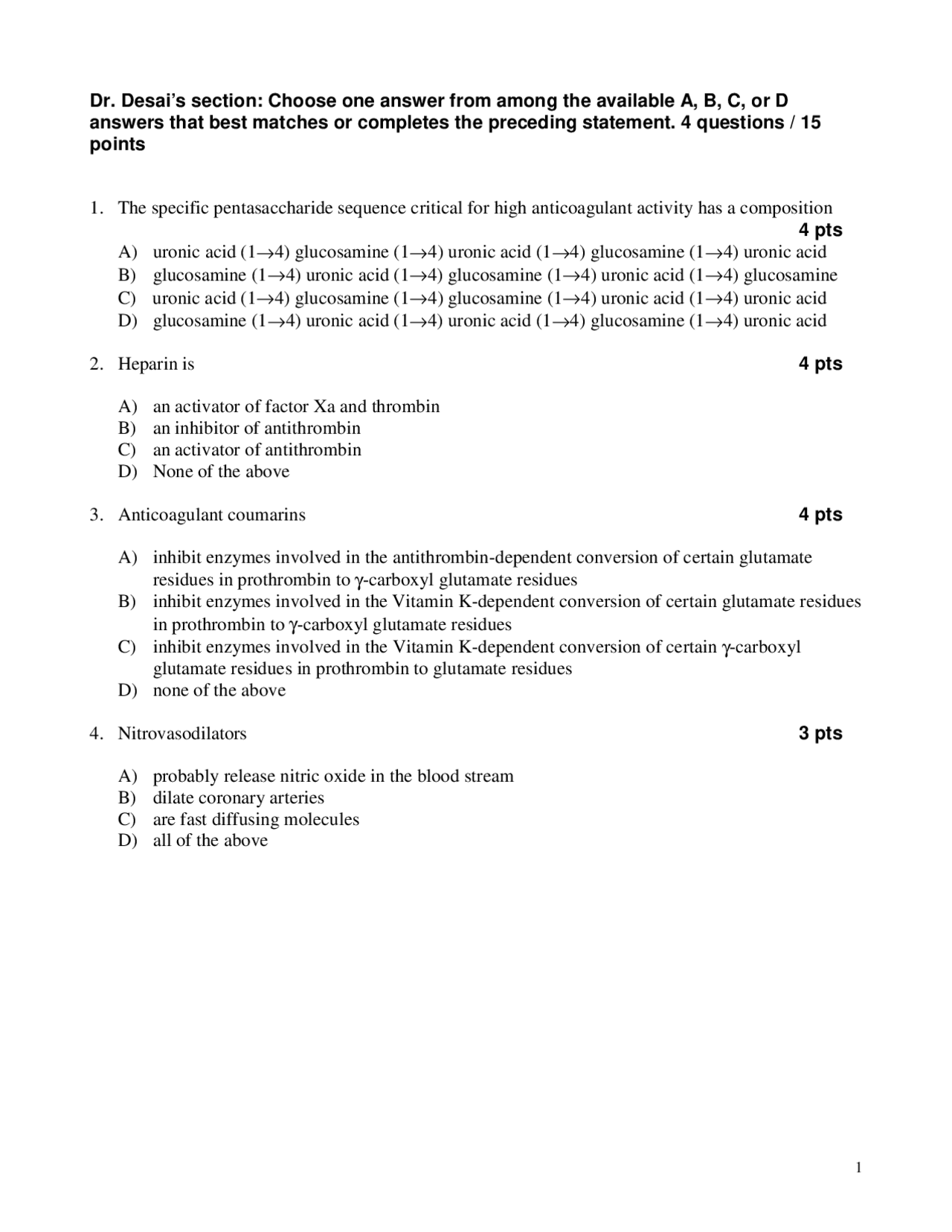 4 Questions on the Anticoagulant Activity MEDC 604 Docsity