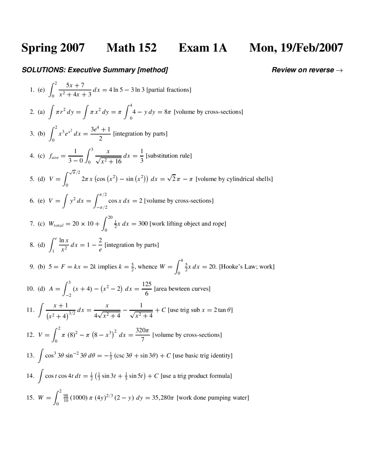 Math 152 Exam 1 with Solutions - Engineering Mathematics II | MATH 152 - Docsity