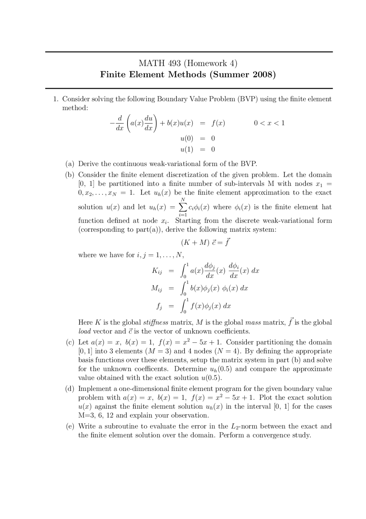Finite Elements Method - Homework 4 with Questions | MATH 493 - Docsity