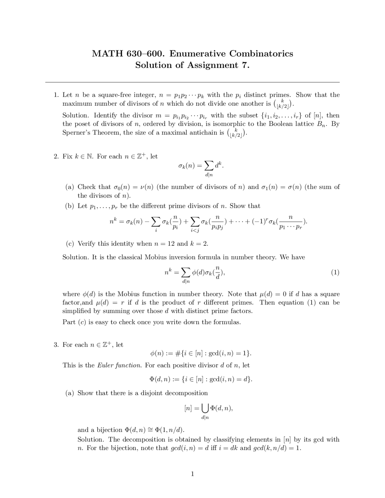 Solution of Assignment 7 | Enumerative Combinatorics | MATH 630 - Docsity