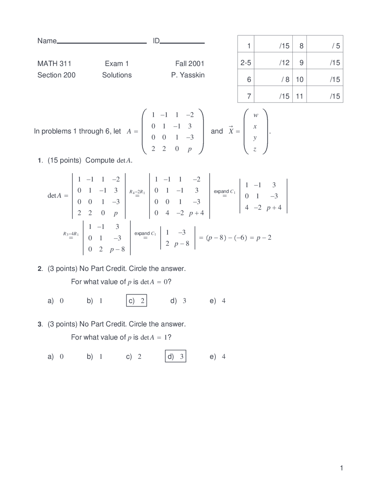 MATH 311 Exam 1 Solutions for Determinant and Linear Algebra Problems ...