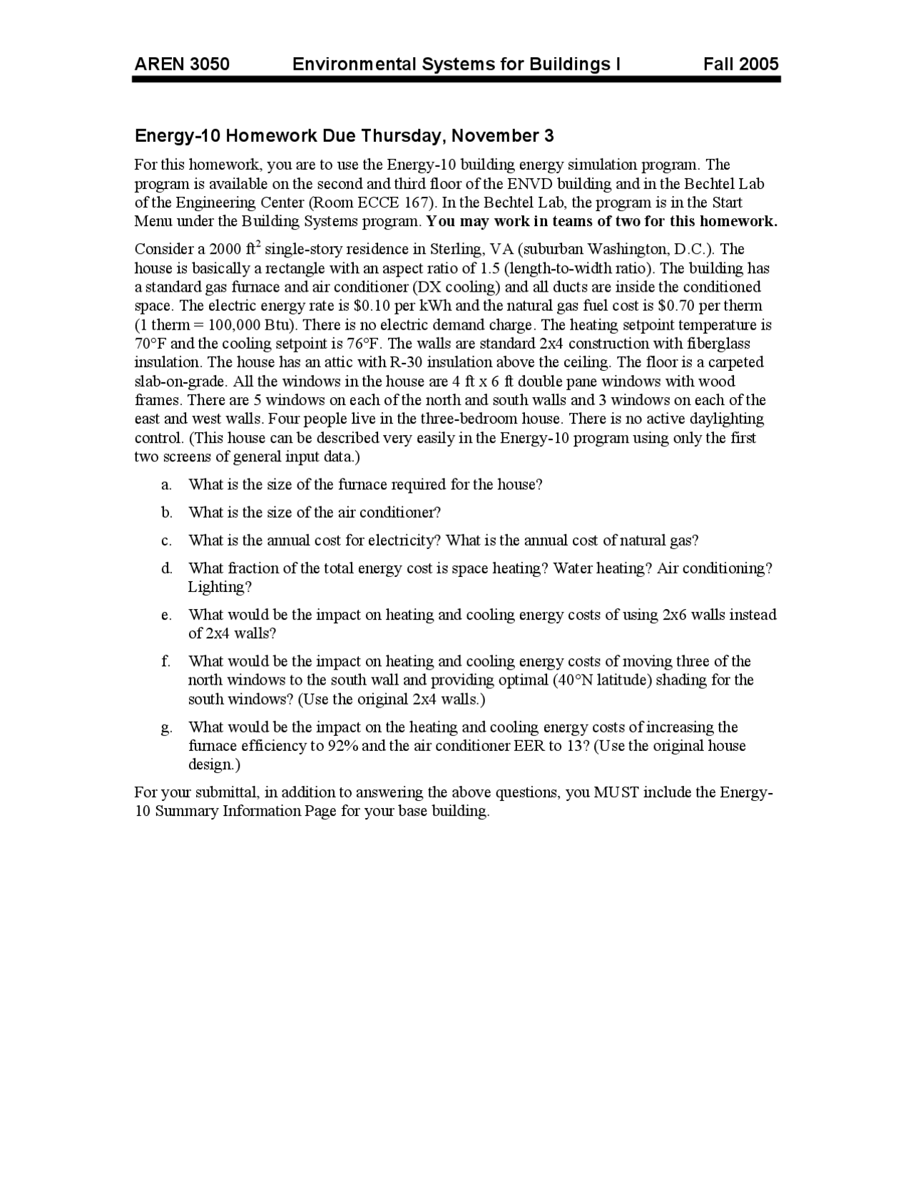 Homework 3 on Environmental Systems for Buildings 1 | AREN 3050 - Docsity