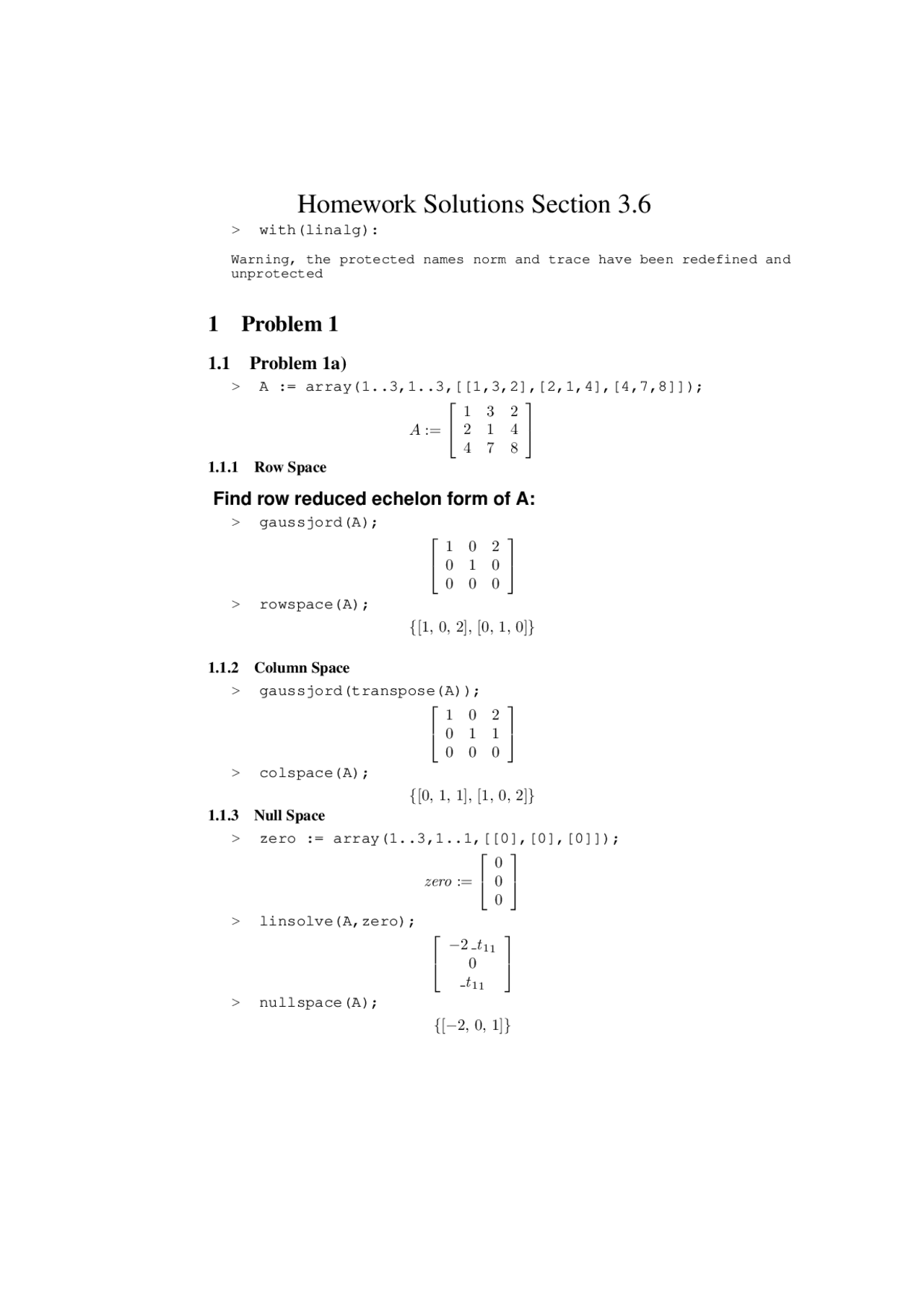 Linear Algebra Homework: Row Reduced Echelon Form, Column Space, and ...