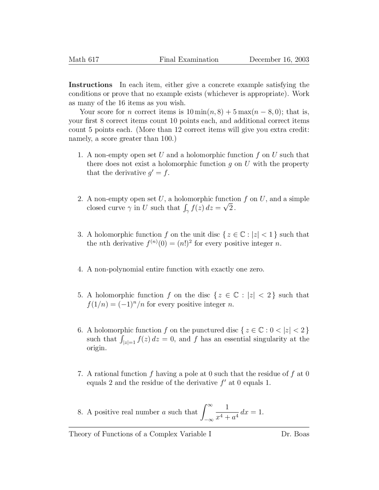 Complex Math Exam Questions of Complex Variable l - Final Exam | MATH 617 - Docsity