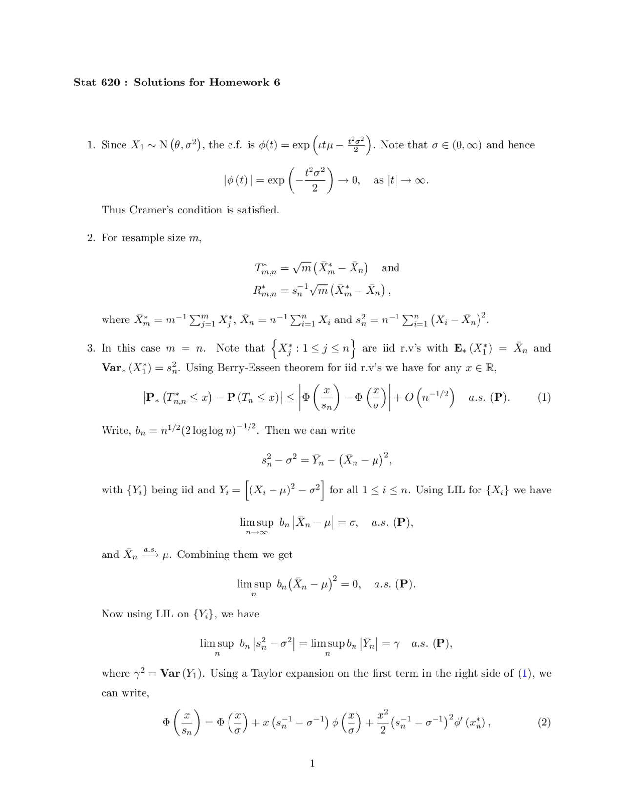 Solutions for Homework 6 | Asymptotic Statistics | STAT 620 - Docsity