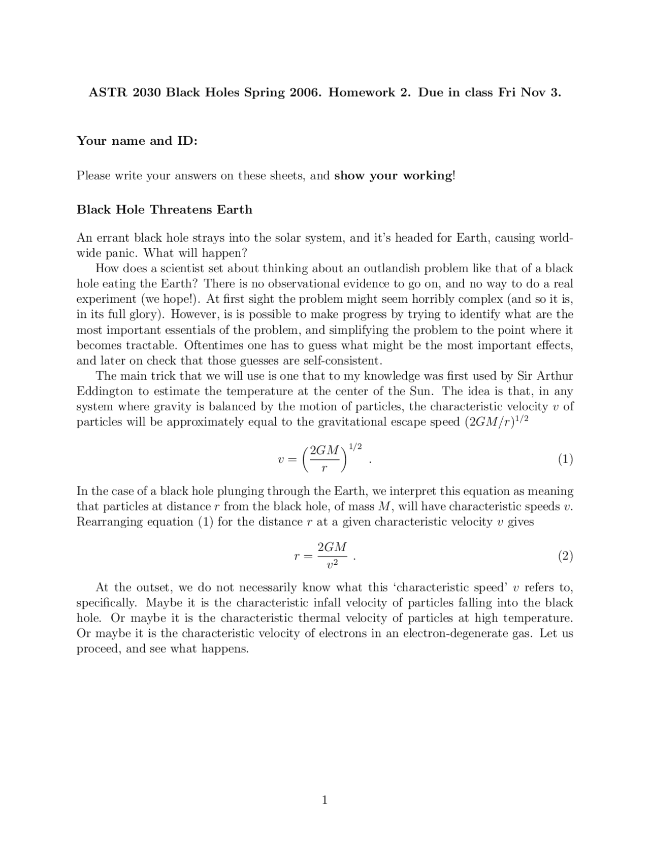 Homework II for Black Hole Threatens Earth | ASTR 2030 - Docsity