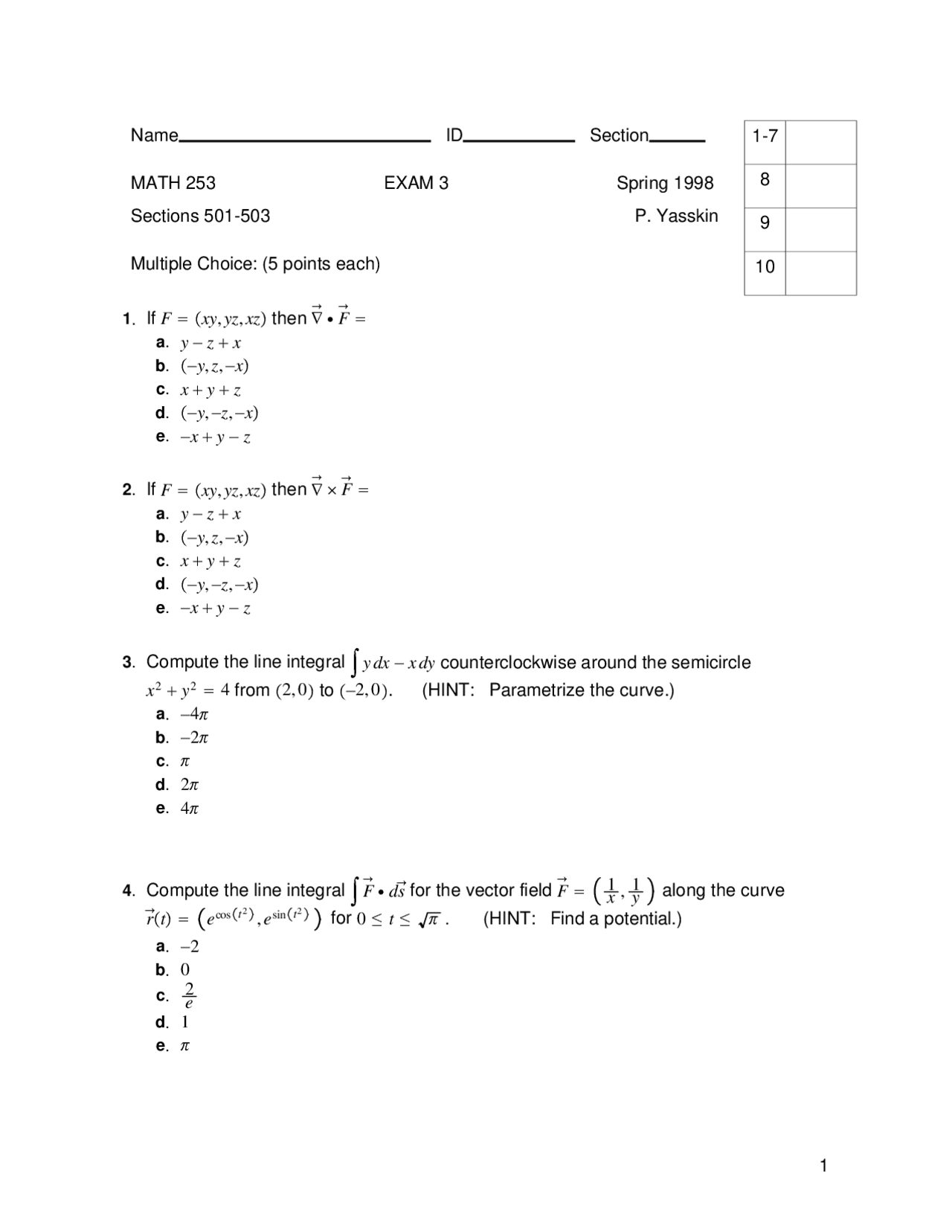 Engineering Math Mcq Multiple Choice Questions of Engineering Math lll - Exam 3 | MATH 253 ...