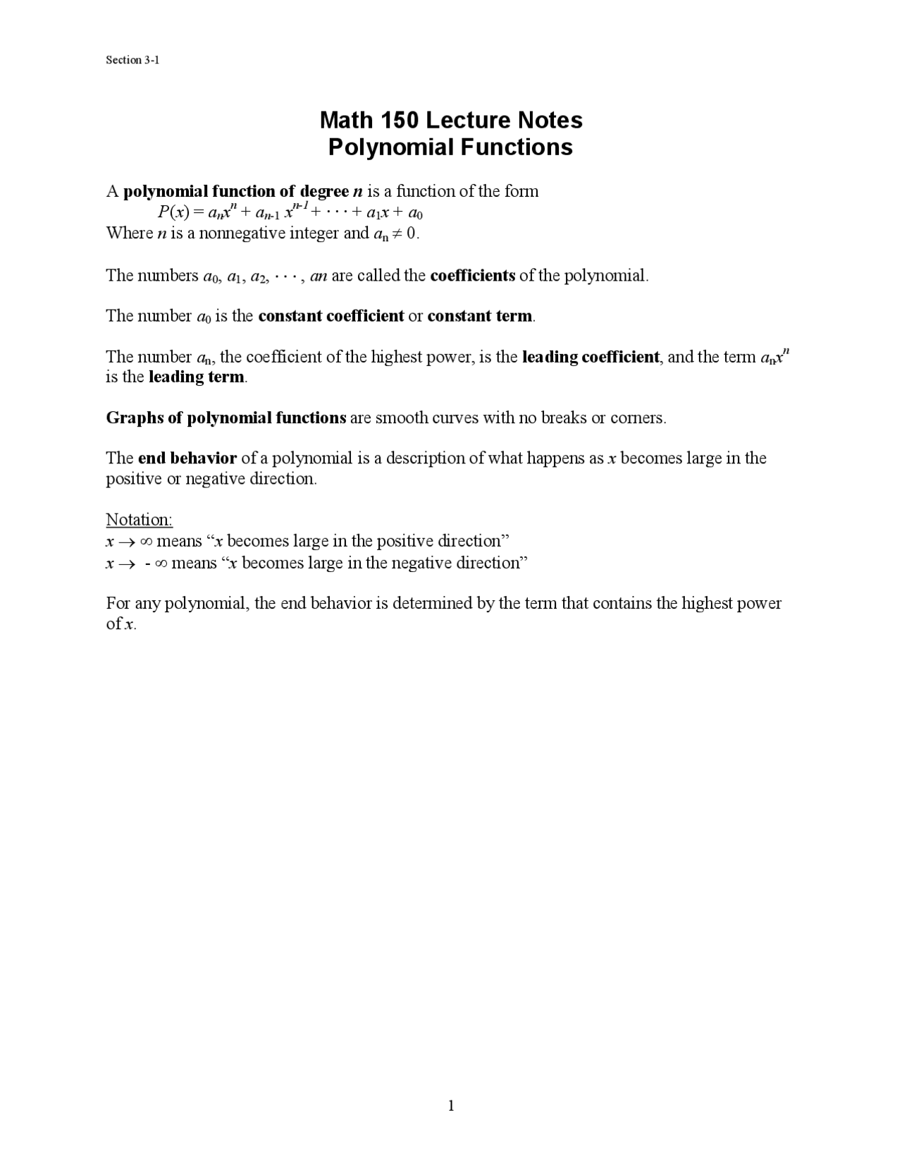 Polynomial Functions - Lecture Notes | MATH 150 - Docsity