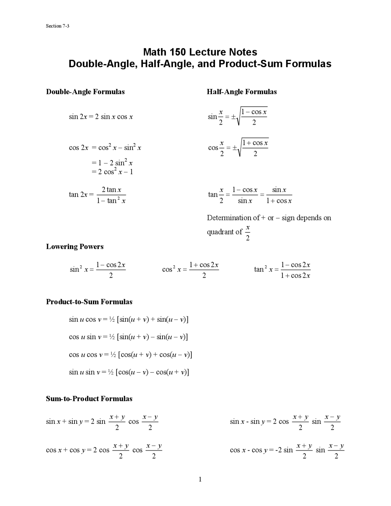 Double Angles Mathematics.pdf Notes on Double Angle Formulas in Functions Trigonometry | MATH 150 ...