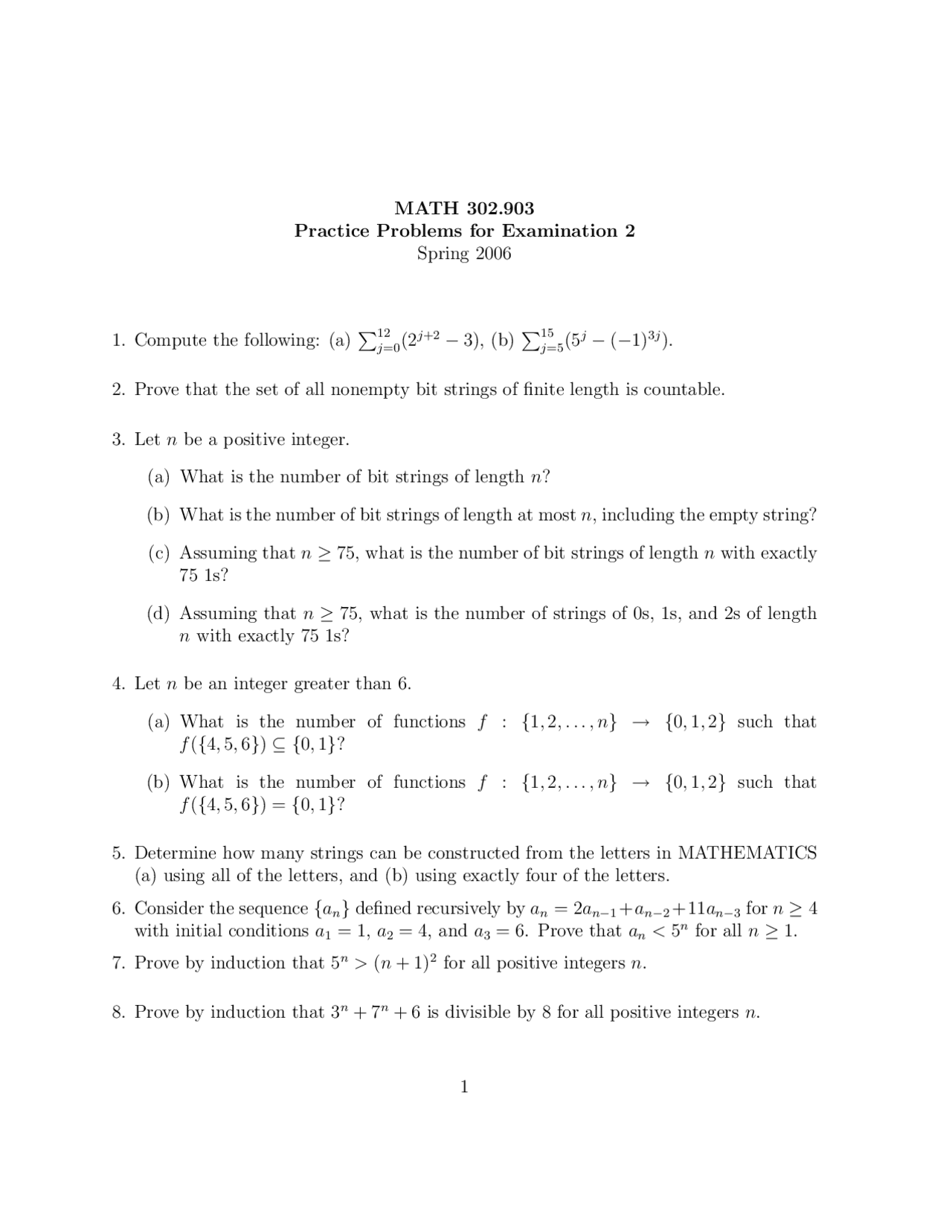Practice Problems Exam 2 | Discrete Mathematics | MATH 302 - Docsity