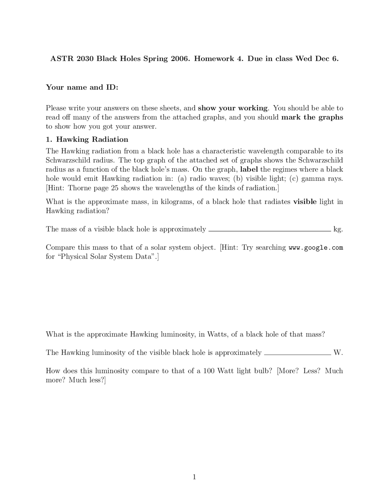 Homework 4 Solutions for Black Holes | ASTR 2030 - Docsity