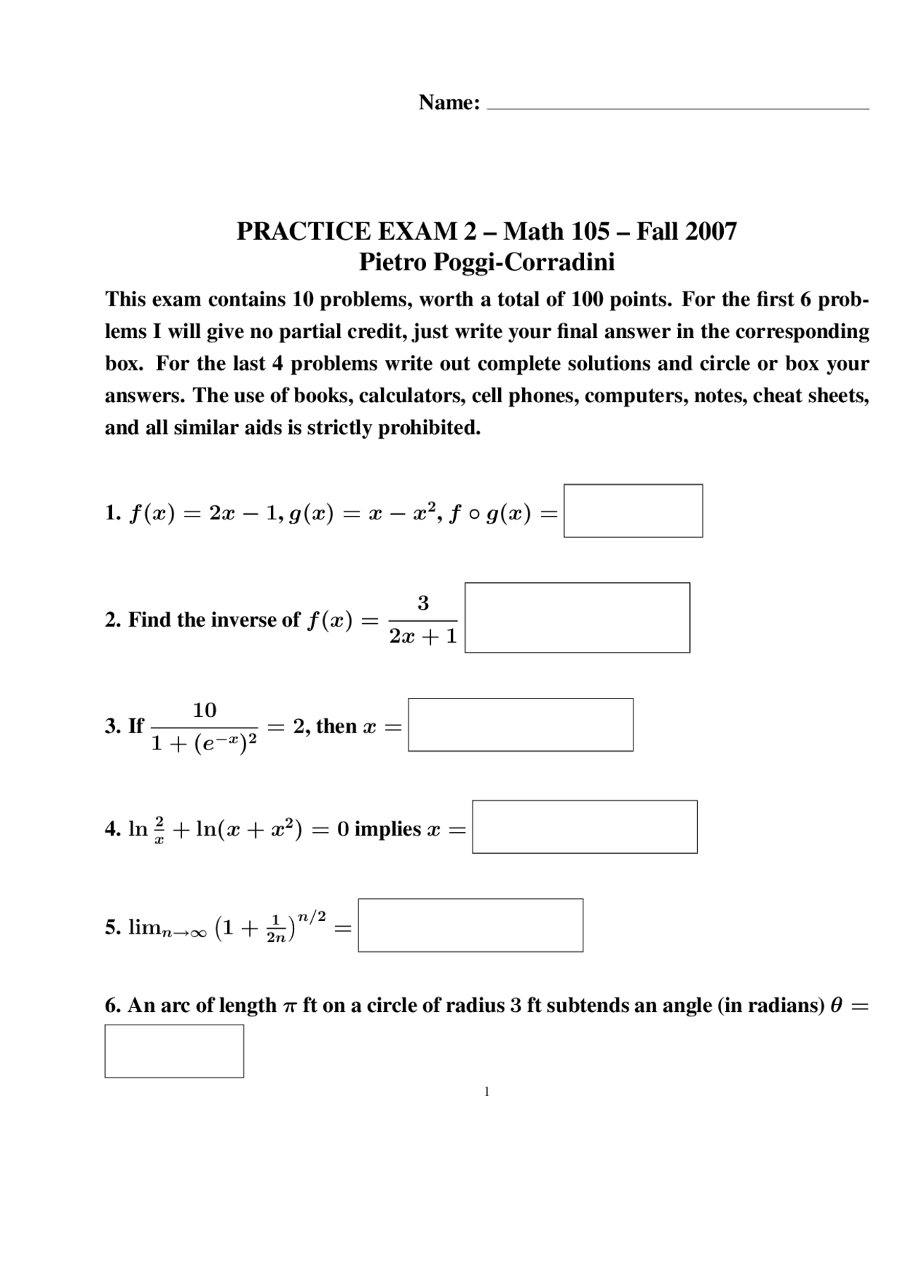 Practice Questions for Exam 2 - Precalculus Mathematics | MATH 105 ...