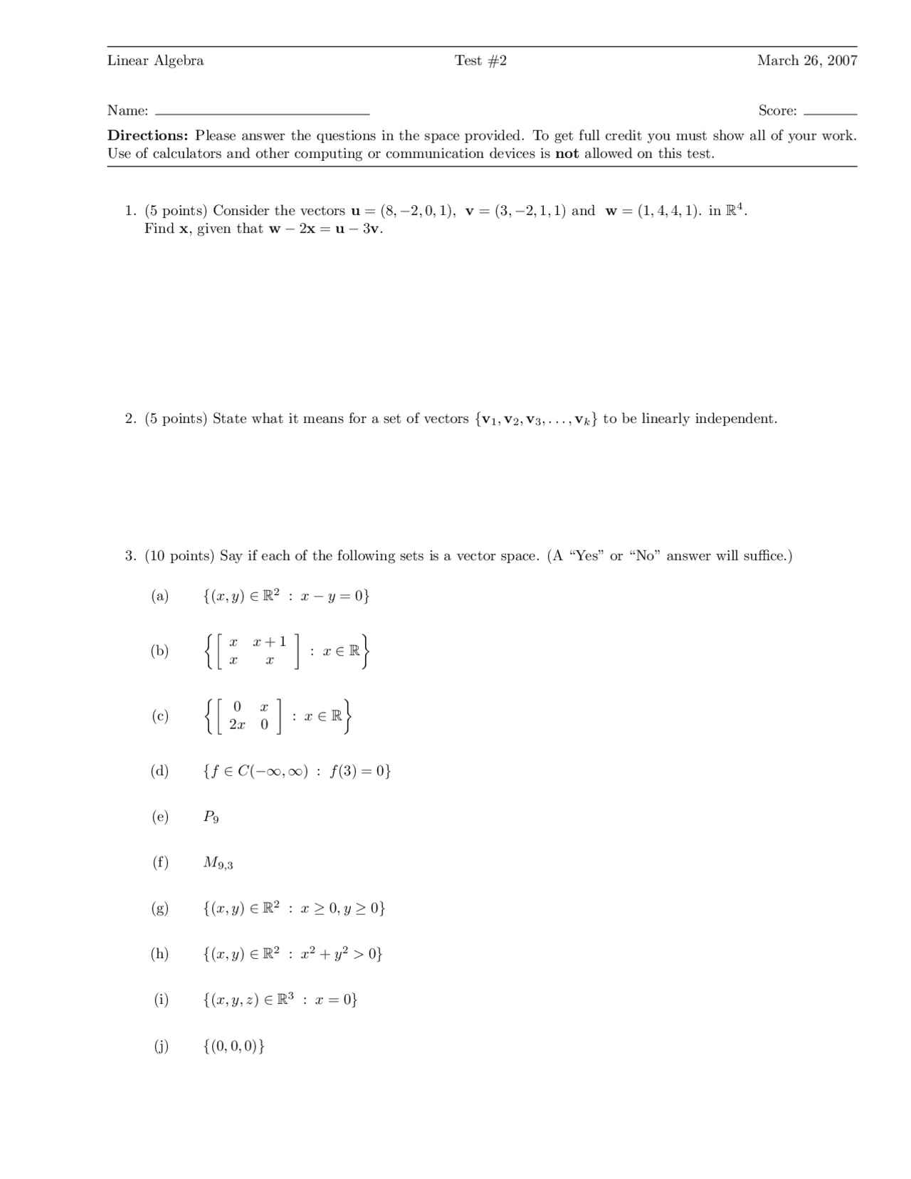 10 Unsolved Problems on Linear Algebra - Examination 2 | MATH 310 ...